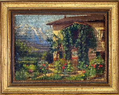 27123218k - Hans Deiters, 1868 Düsseldorf-1922 München, Haus mit Kräutergarten vor Alpenpanorama, ...