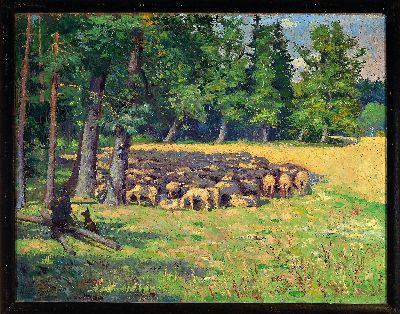 27123227k - Ungedeuteter Künstler ´...Müller...´, datiert 1921, Schäfer mit Herde bei der Rast, ...