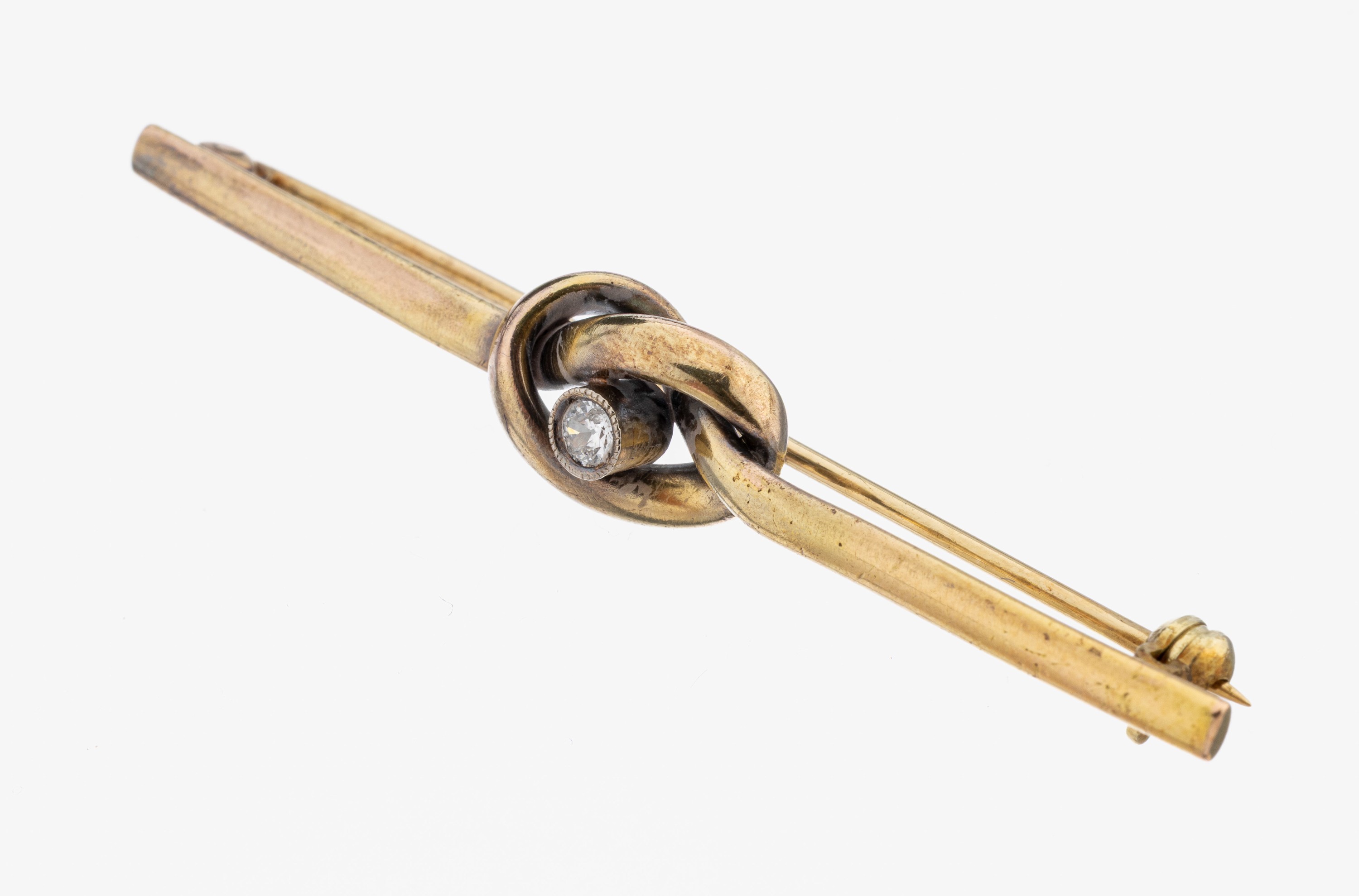 Image 27123342 - 14 kt Gold Diamant-Brosche, um 1900, GG 585/000, knotenförmiges Mittelteil mit ...