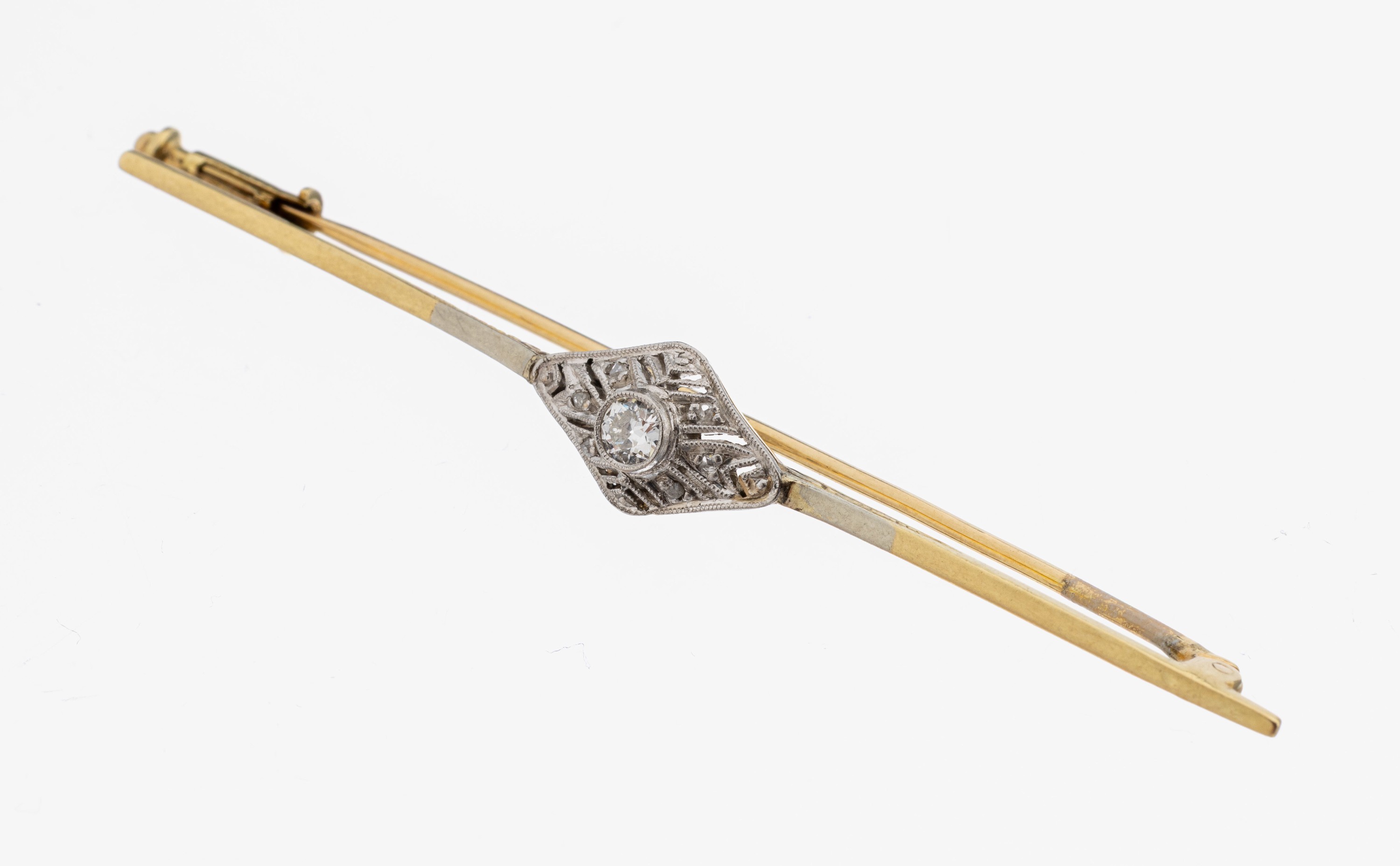 Image 27123344 - 14 kt Gold Art Deco Diamant-Brosche, um 1930, GG/WG 585/000, Mittelteil durchbrochen ...