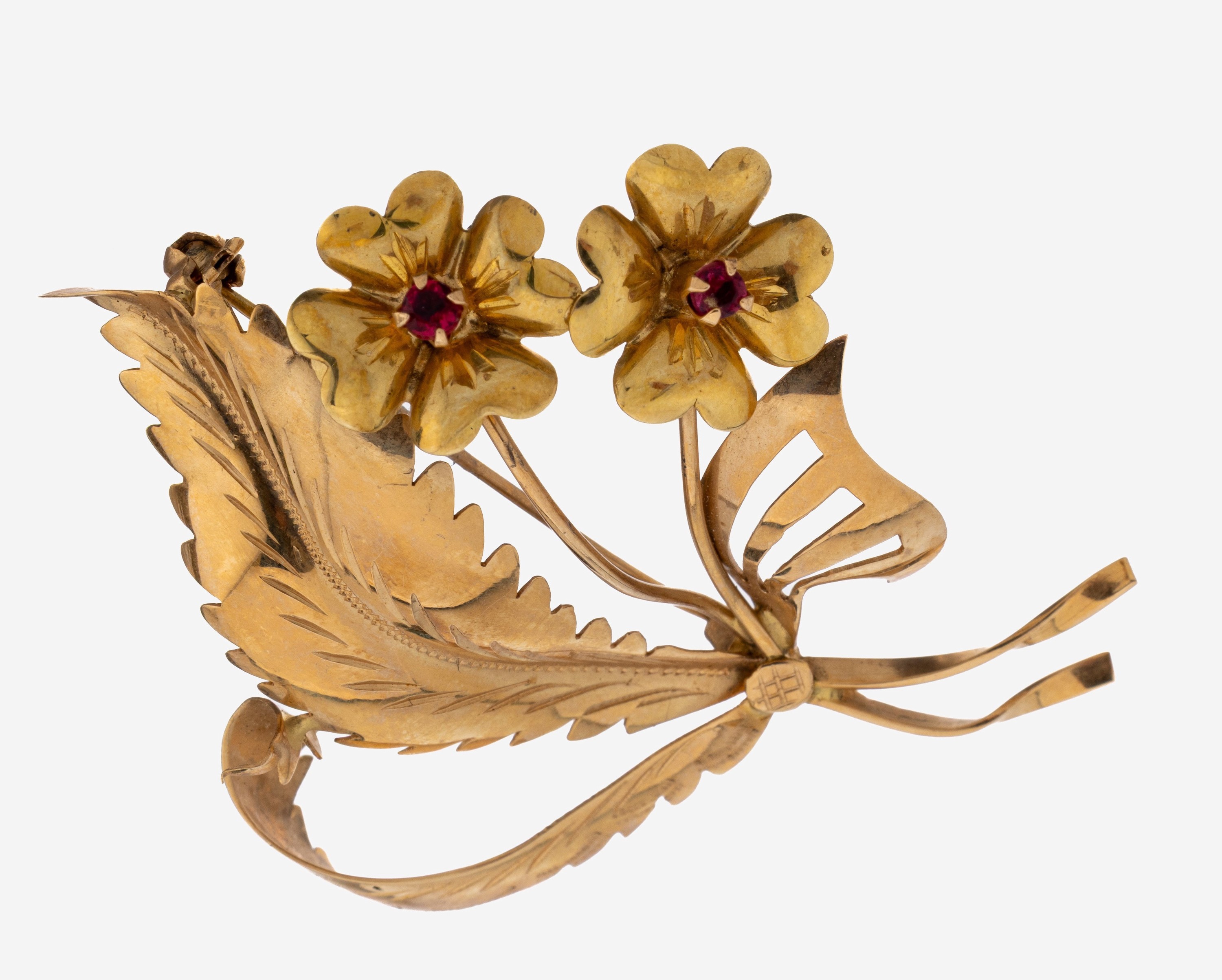 Image 27123346 - 18 kt Gold Rubin-Brosche, 1950er-60er Jahre, GG/RG 750/000, florale Gestaltung, Blüten ...