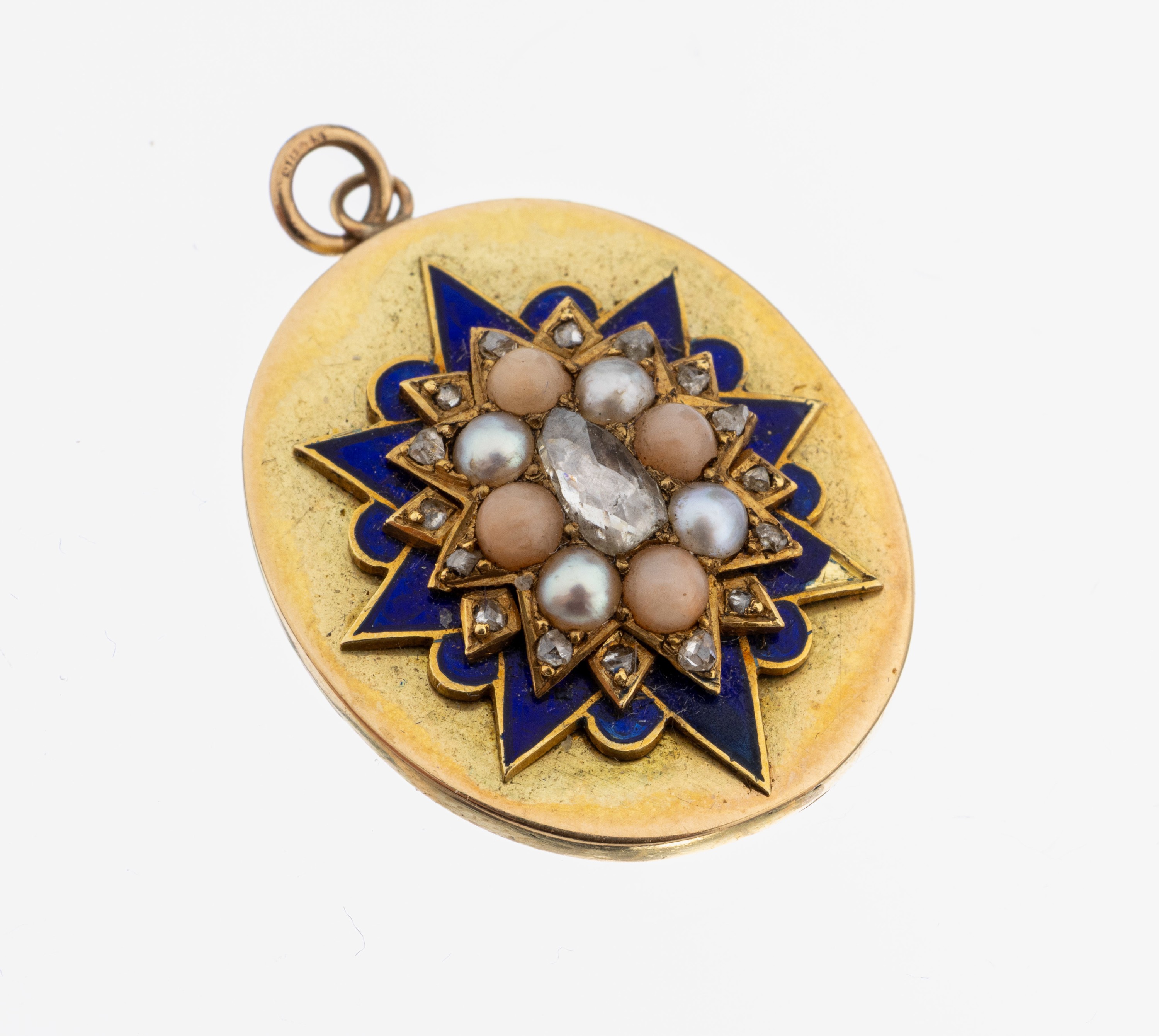 Image 27123349 - 14 kt Gold Perl-Diamant-Anhänger, um 1900, GG 585/000 gepr., ovale Grundform, ...