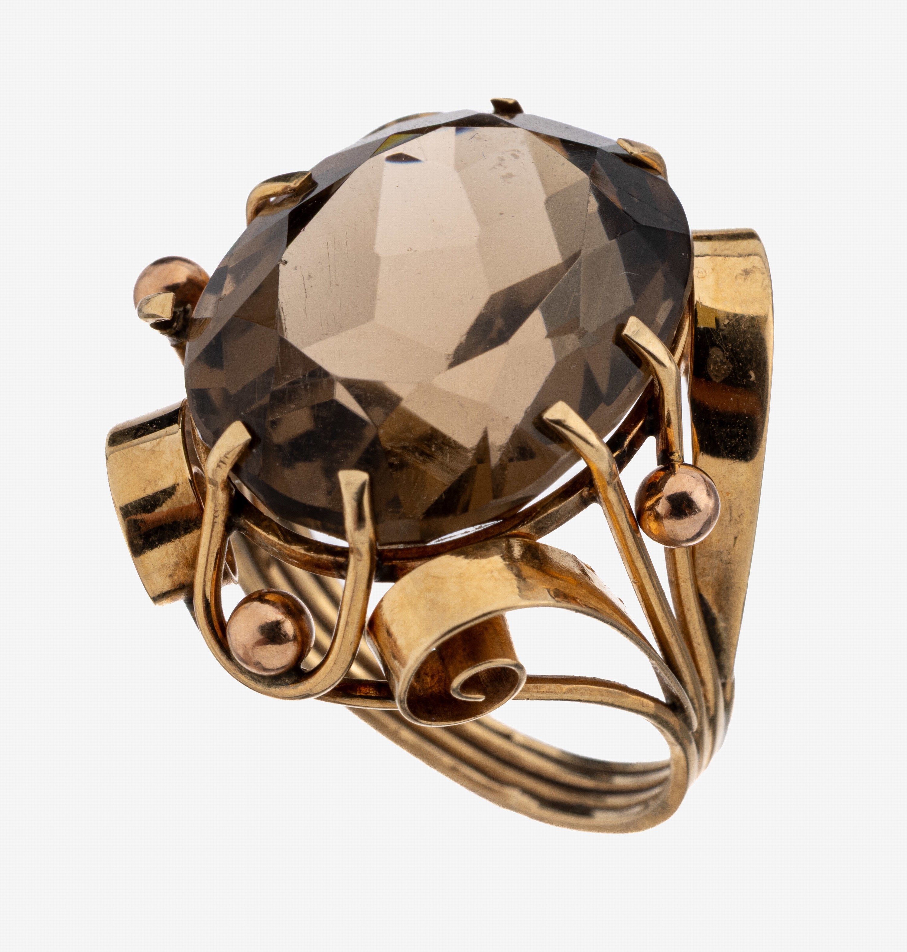 Image 27123365 - 14 kt Gold Rauchquarz-Ring, Österreich/Wien, 1950er Jahre, GG/RG 585/000, aufwendige ...
