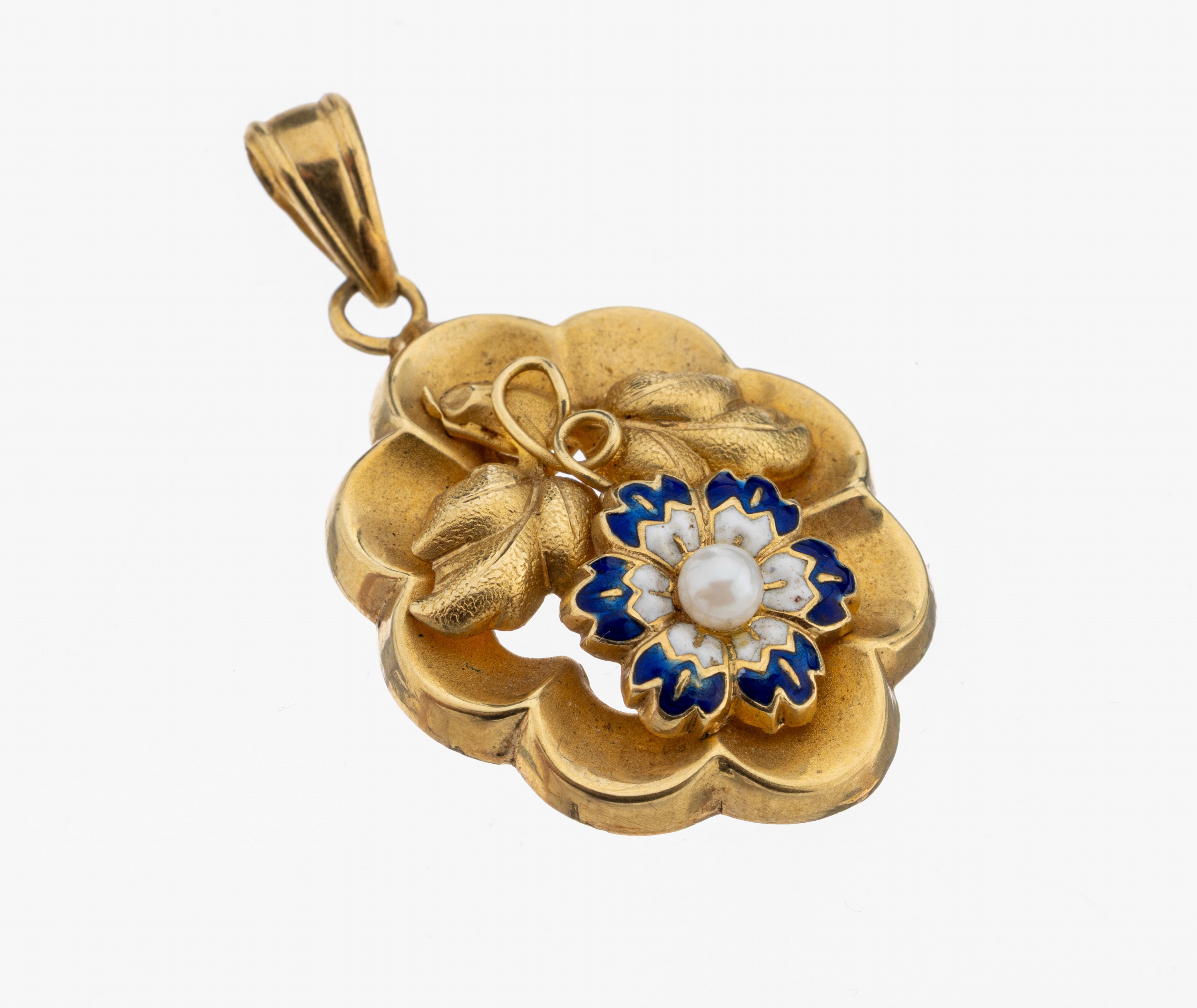 Image 27123377 - 14 kt Gold Perl-Email-Anhänger, um 1920, GG585/000, florale Gestaltung, mittig kl. ...