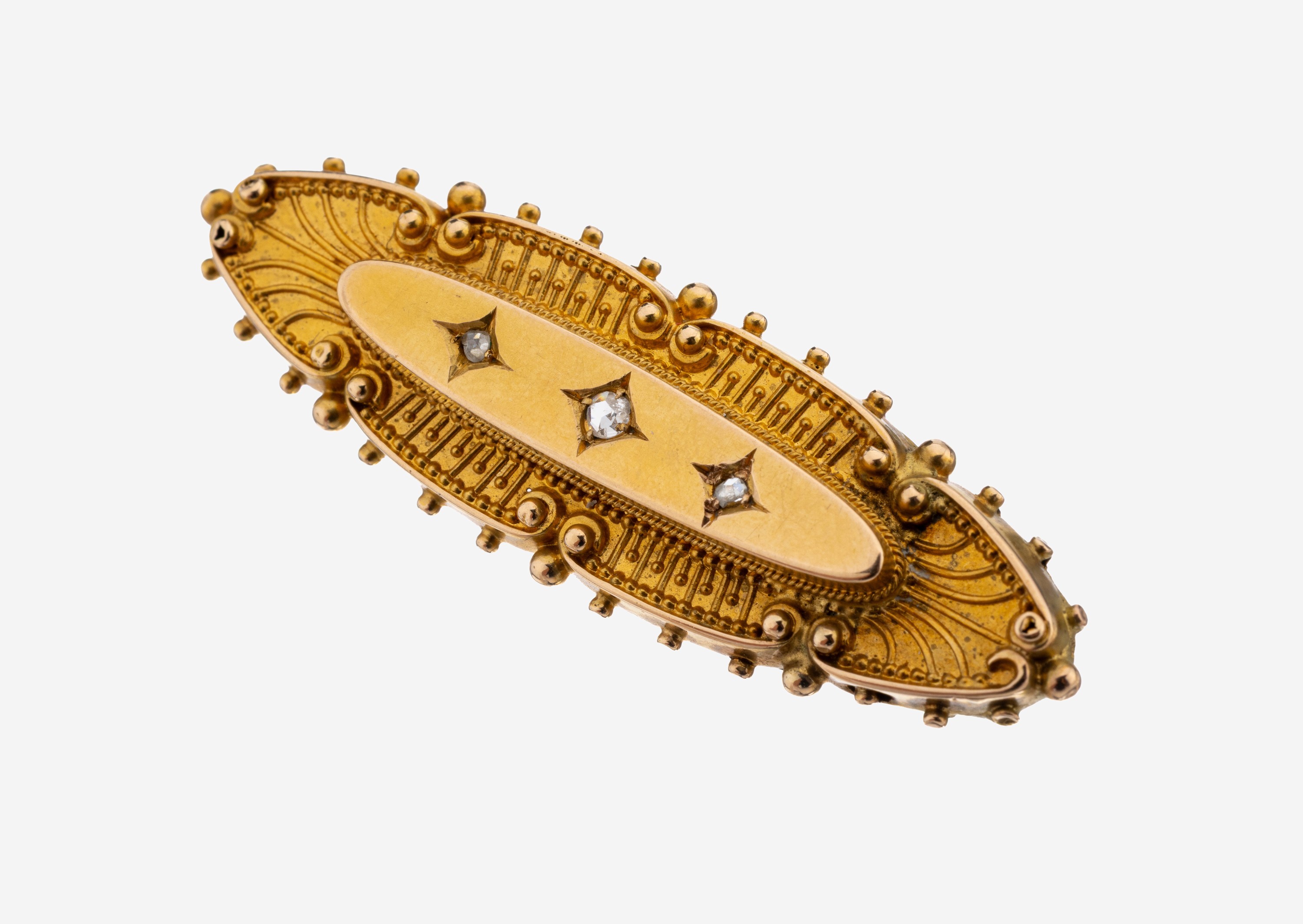 Image 27123384 - 14 kt Gold Diamant-Brosche, um 1880-90, GG 585/000, filigrane Arbeit, 3 kl. ...