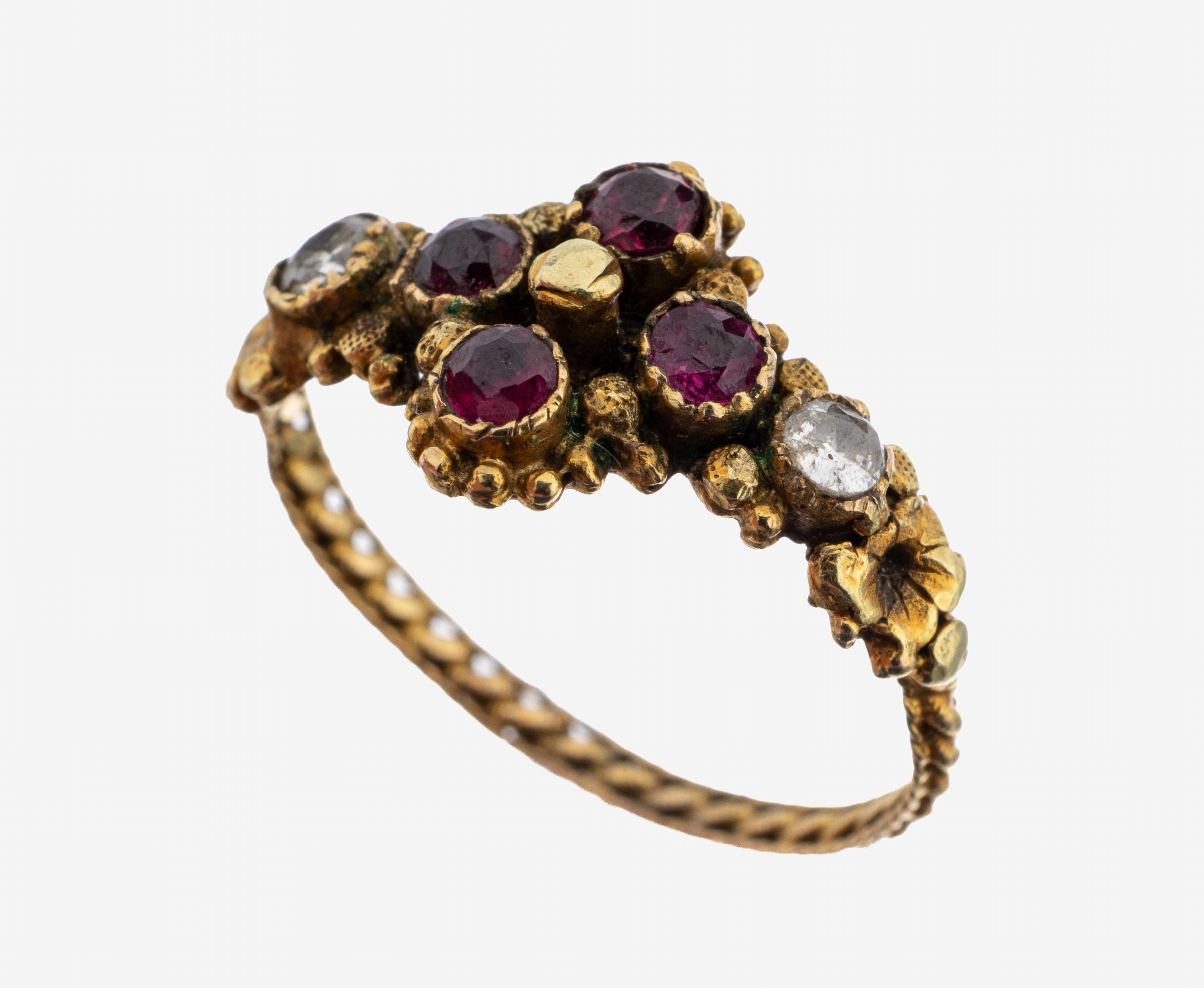 Image 27123385 - 14 kt Gold Rubin-Brillant-Ring, GG 585/000 gepr., nach älterem Vorbild, 4 rundfacett. ...