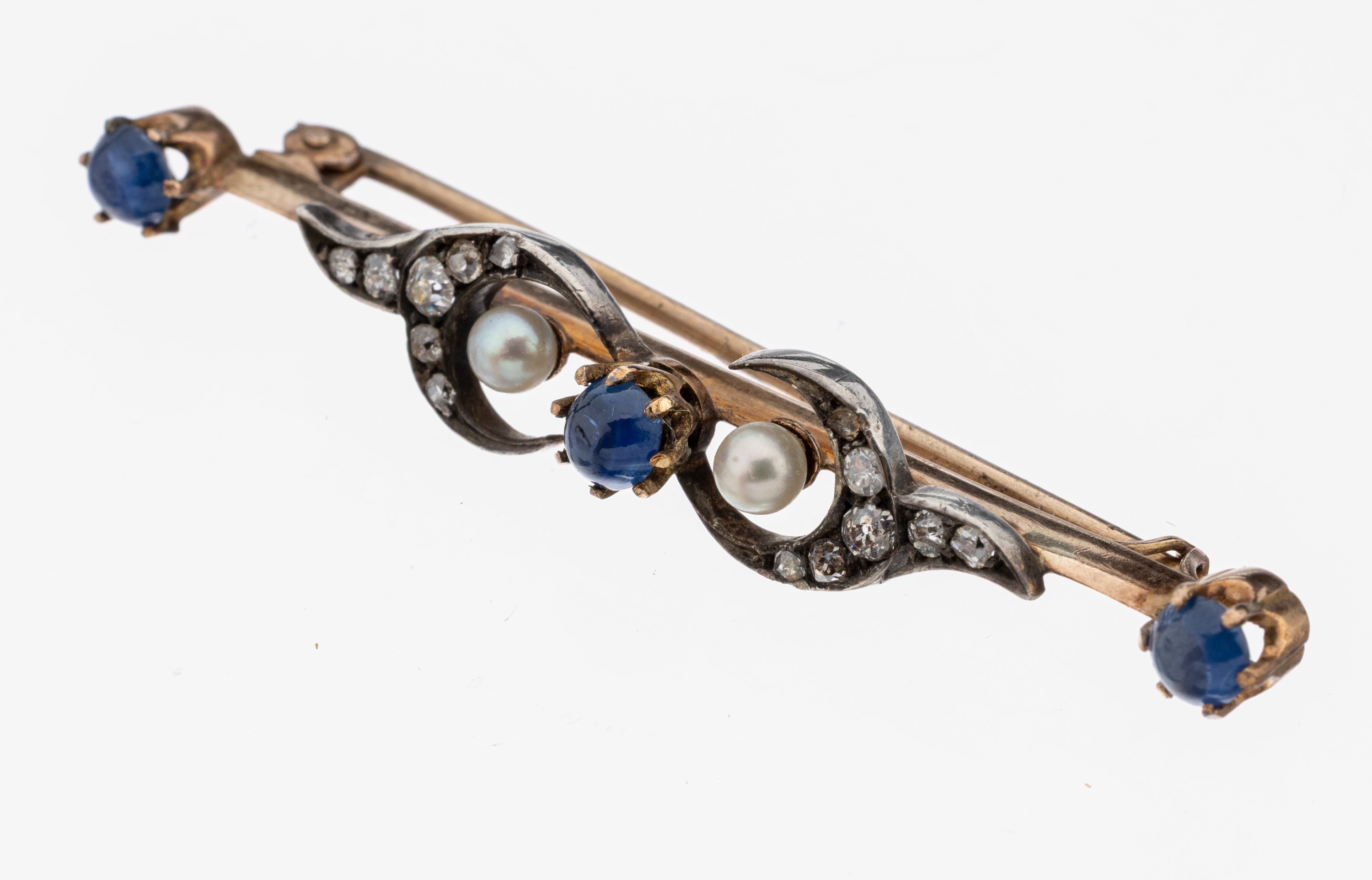 Image 27123398 - 14 kt Gold Saphir-Diamant-Perl-Brosche, um 1900, RG 585/000 gepr., feine zarte ...