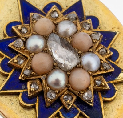 27123349a - 14 kt Gold Perl-Diamant-Anhänger, um 1900, GG 585/000 gepr., ovale Grundform, ...