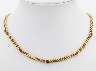 Image 14 kt gold ruby-necklace , YG 585/000, 5 oval intermediates with 5 oval bevelled ...