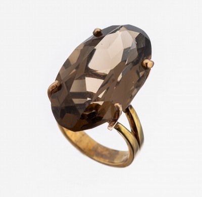 Image 14 kt gold smoky quartz-ring , YG 585/000, large oval bevelled smoky quartz, stone needs ...