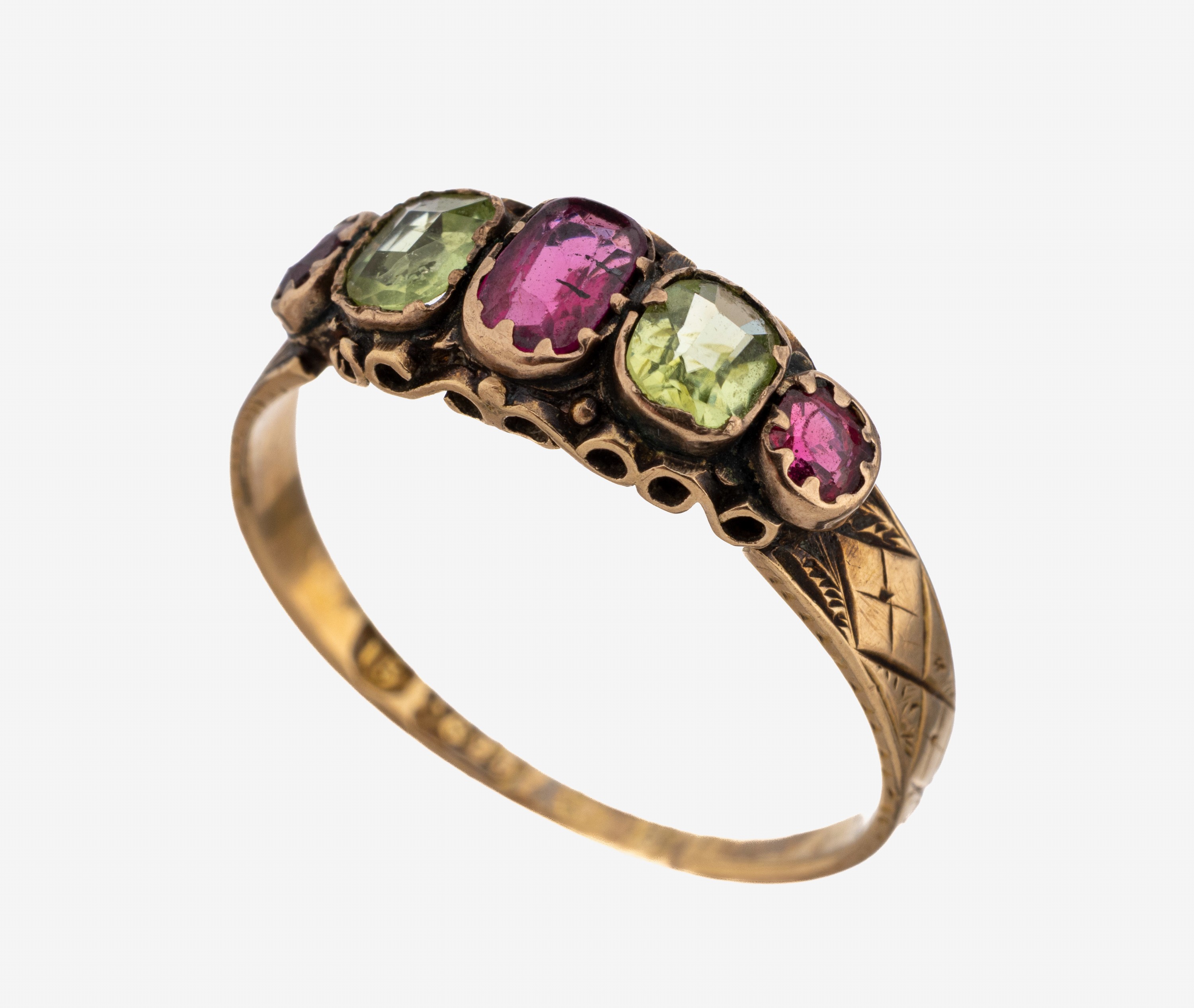Image 27123401 - 15 kt Gold Rubin-Peridot-Ring, England/Birmingham, um 1890-1900, GG 625/000, 1 Rubin im ...