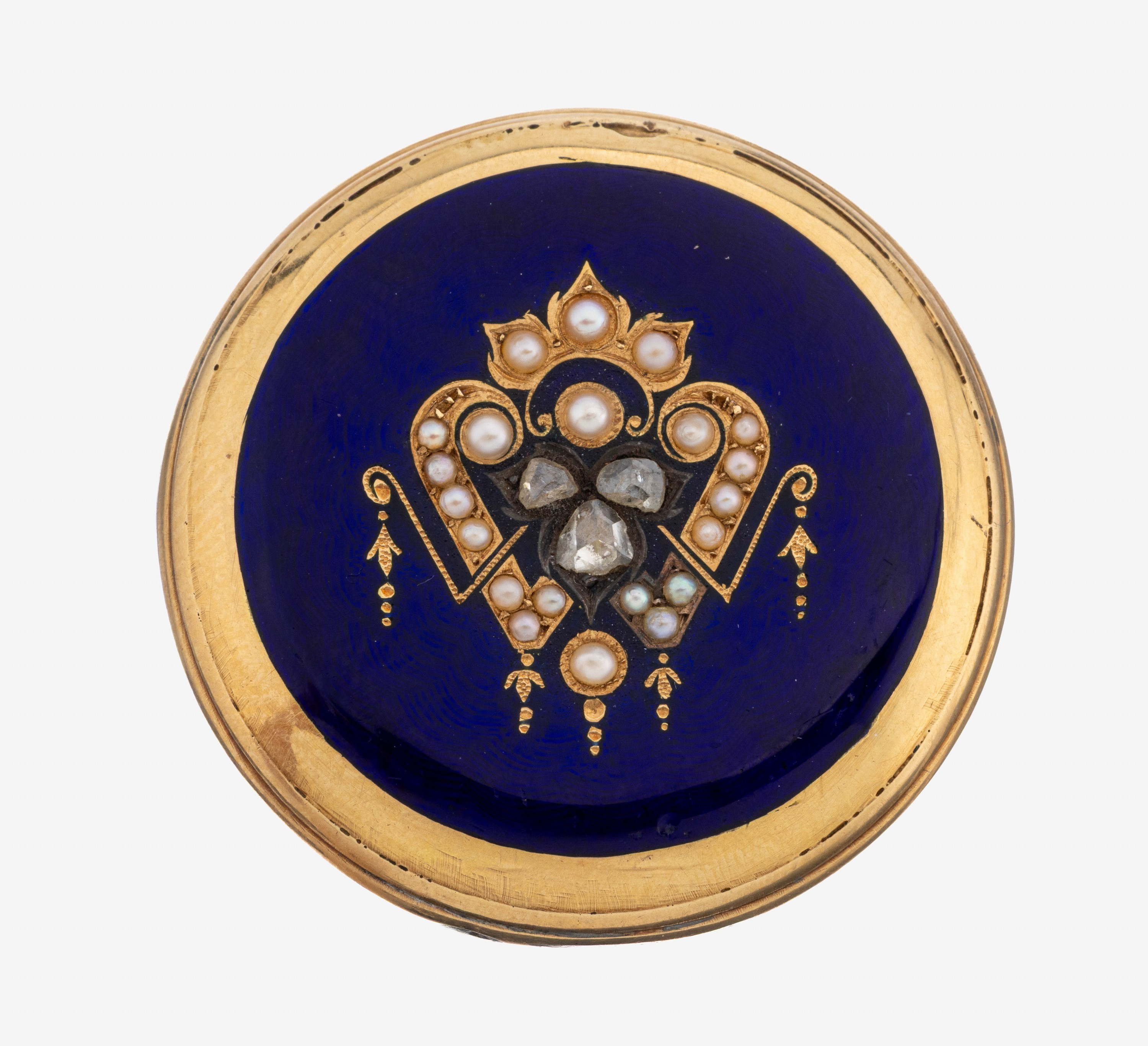 Image 27123458 - 14 kt Gold Diamant-Perl-Email-Brosche, um 1900, GG 585/000, runde Grundform, part. ...