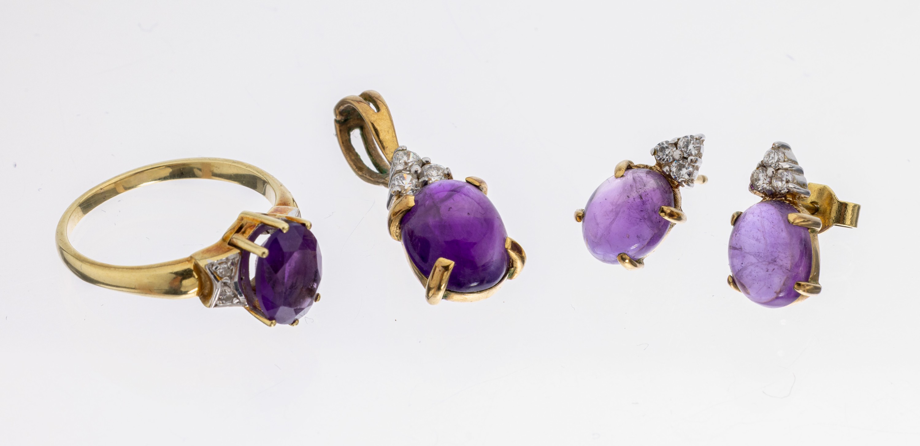Image 27123469 - Konvolut 3 Teile Amethyst-Schmuck: Ring, 14 kt Gold, GG 585/000, ovalfacett. Amethyst, ...