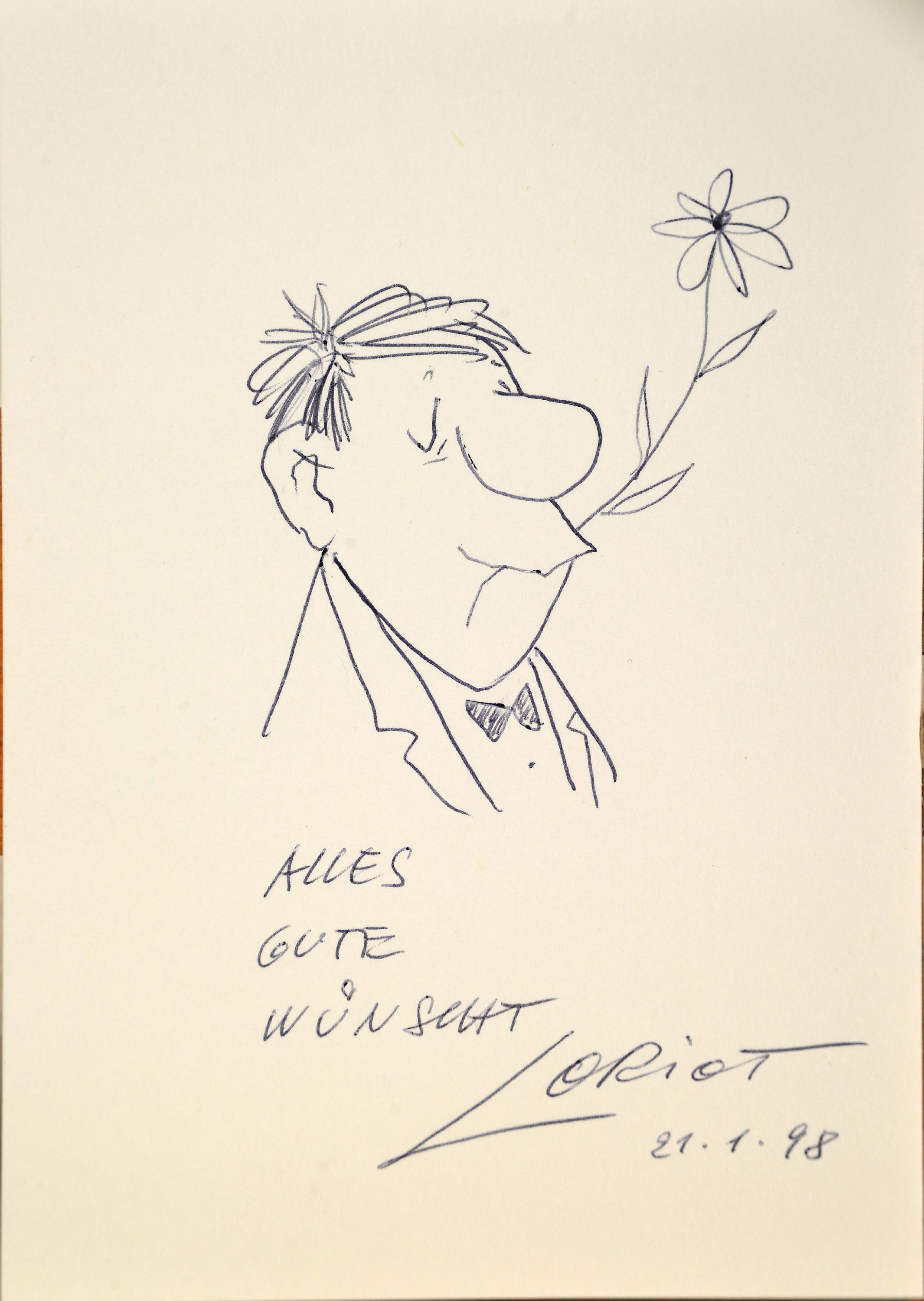 Image 27123565 - Loriot (Vicco von Bülow), 1923-2011, Zeichnung eines Knollennasenmännchens mit Blume, ...