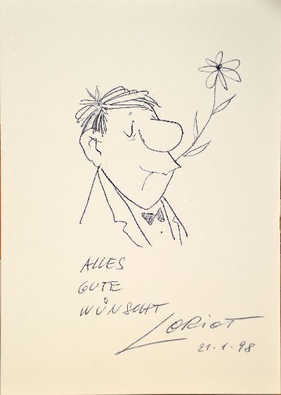 27123565k - Loriot (Vicco von Bülow), 1923-2011, Zeichnung eines Knollennasenmännchens mit Blume, ...