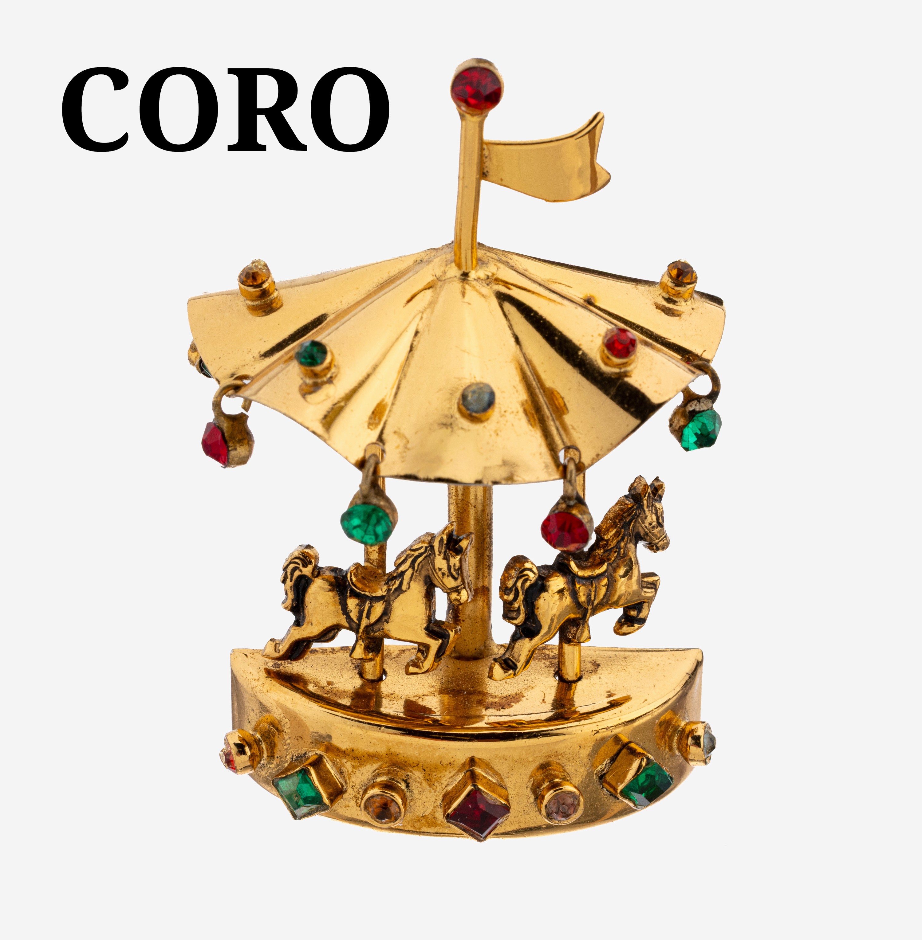 Image 27123613 - Seltene CORO Vintage Brosche ´Karussell´, USA um 1948 , goldfarbenes Metall mit farbigen ...
