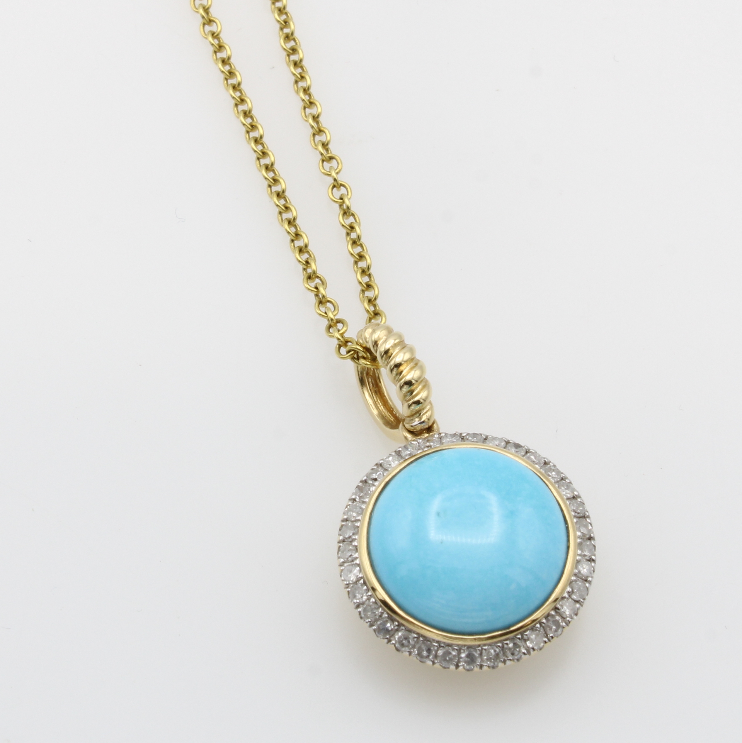 Image 27123649 - Anhänger mit Türkis und Brillanten an Kette, GG 585/000, Türkis ca. 12 mm umgeben v. ...