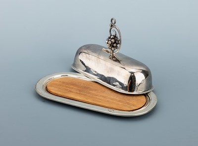 27123643a - Butterdose, Mexiko, 925er Silber, schlichteovale Grundform, Deckel mit Weinlaubdekor ...