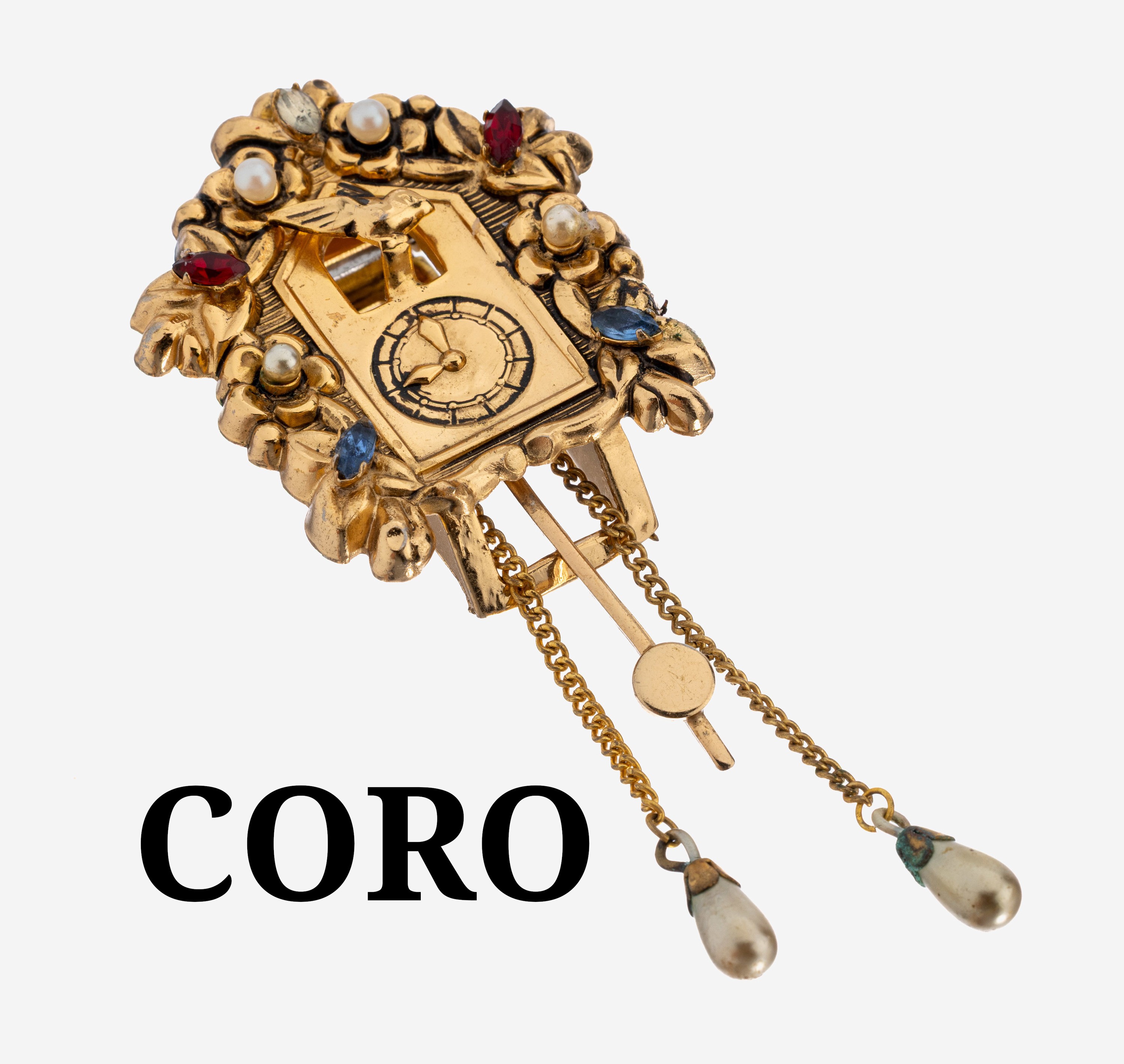 Image 27123706 - Seltene CORO Vintage Brosche/Kleiderclip ´Kuckucksuhr´, USA 1940er Jahre, goldfarbenes ...