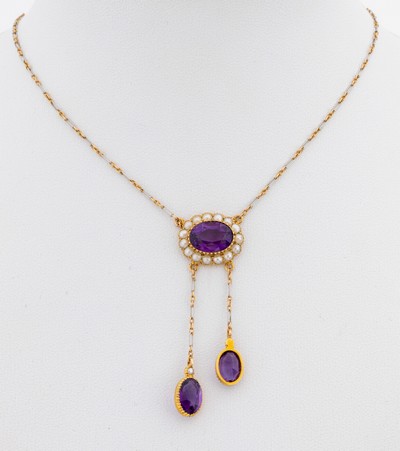 27123738a - 14 kt Gold Amethyst-Perl-Collier, England, 1893-1925, GG 585/000 gepr., Kette aus GG ...