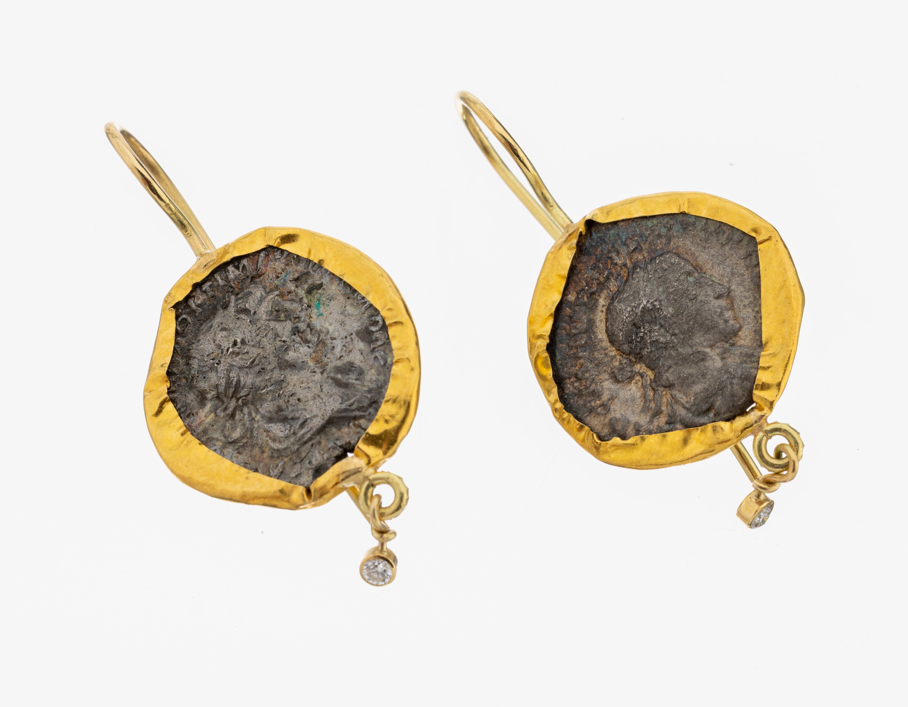 Image 27123800 - Paar 14 kt Gold Münz-Brillant-Ohrhänger, GG750/000 gepr., gefasste antike Münzen, ...