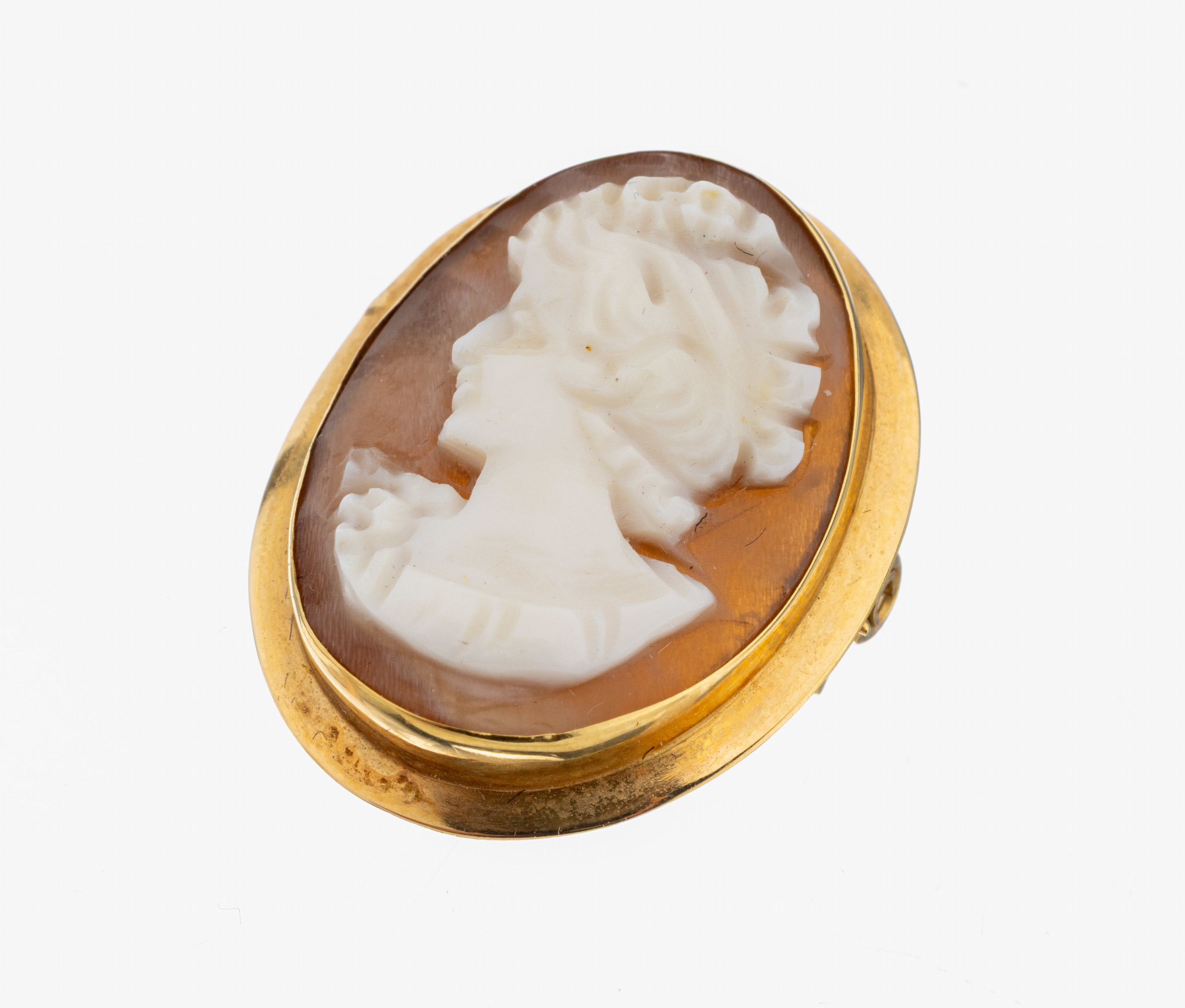 Image 27123812 - 18 kt Gold Kamee-Brosche, GG 750/000, ovaleMuschelkamee, Darstellung einer Dame im ...