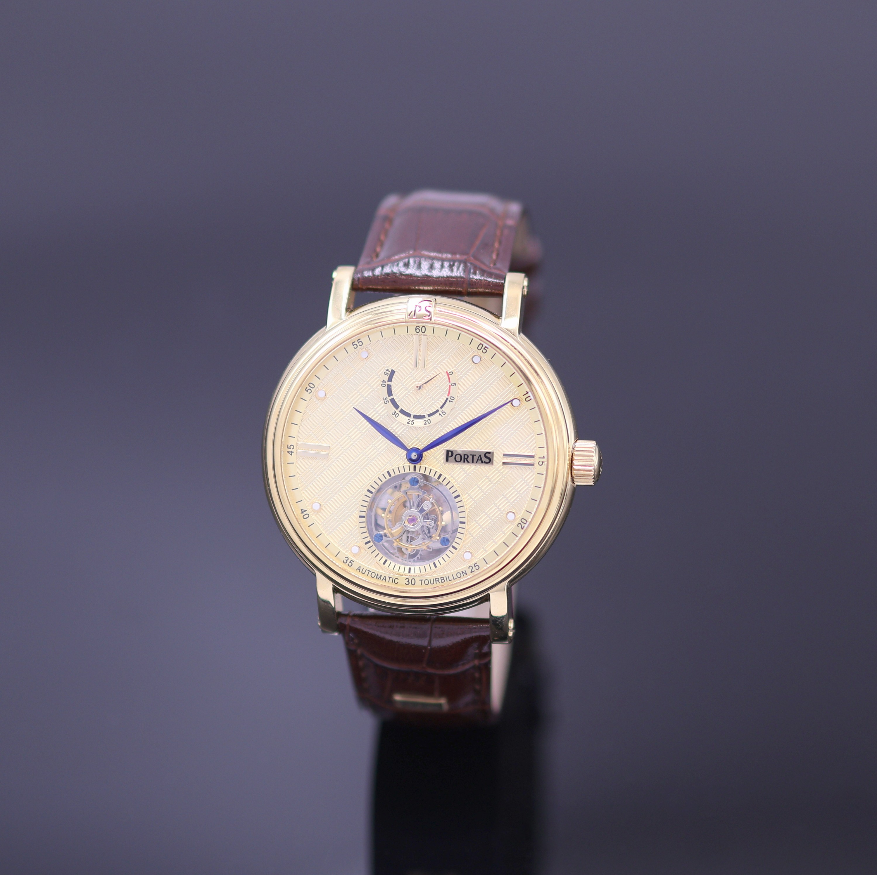 Image 27123814 - PORTAS Herrenarmbanduhr mit Tourbillon, um 2010, Automatik, verg., beids. vergl. Geh., ...