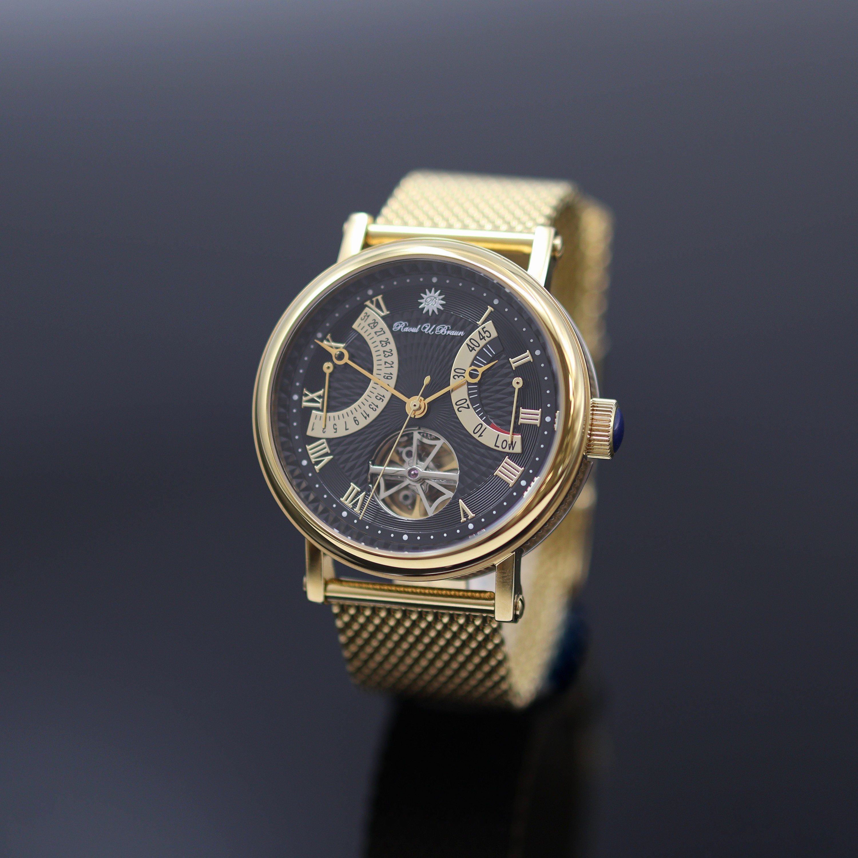 Image 27123823 - RAOUL U. BRAUN vergoldete Herrenarmbanduhr mit Tourbillon, um 2015, Automatik, beids. ...