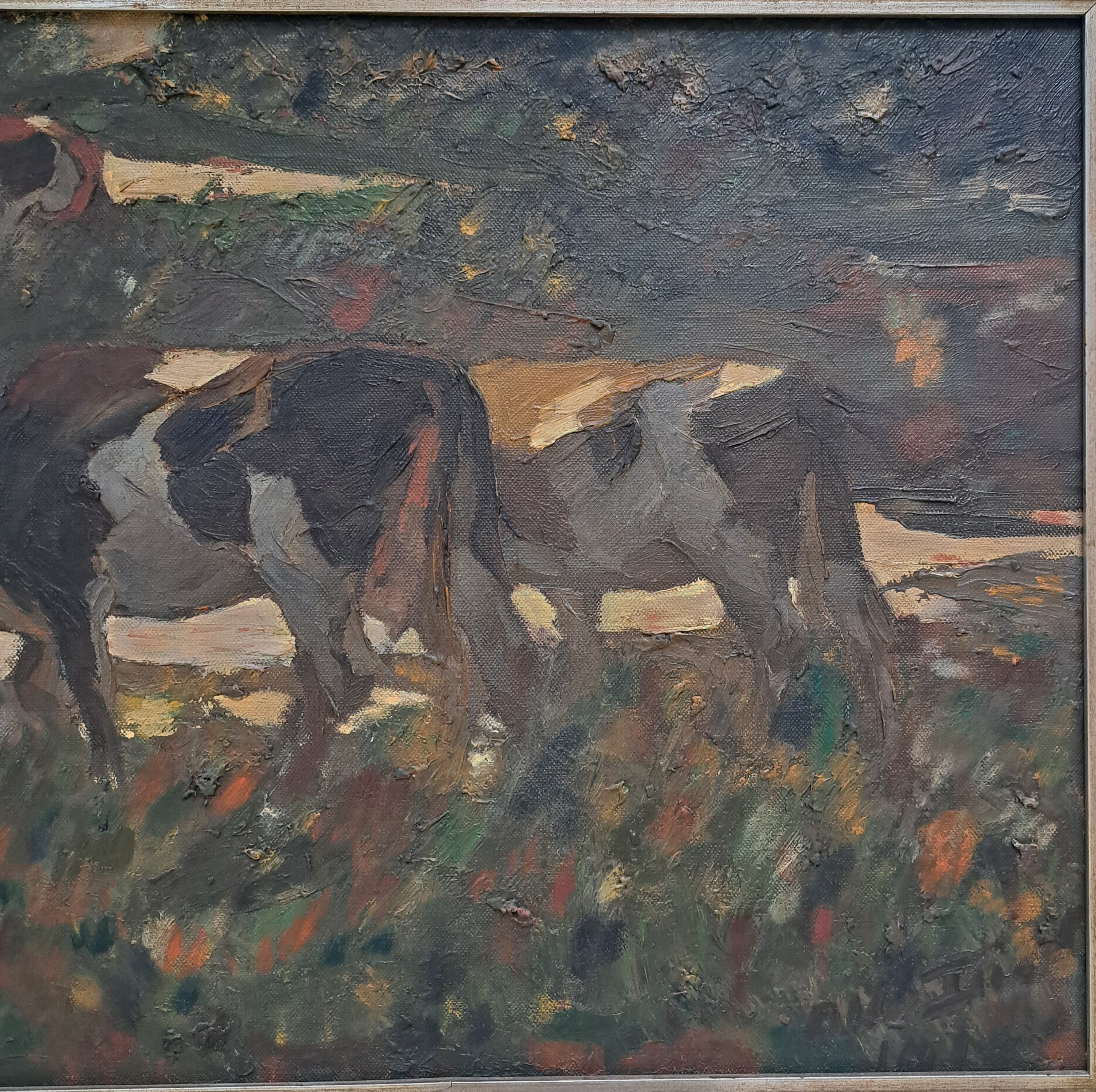 Detail c: Otto Dill, 1884 Neustadt a.d.Wstr.-1957 Bad Dürkheim, Kühe am Abend, Öl/Lwd, rechts unten signiert und dat. 1916, rückseitig Restezweier alter ...