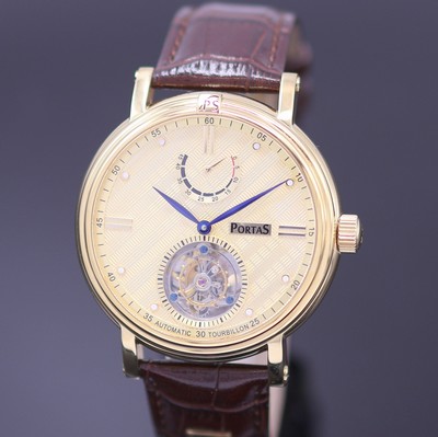 27123814a - PORTAS Herrenarmbanduhr mit Tourbillon, um 2010, Automatik, verg., beids. vergl. Geh., ...