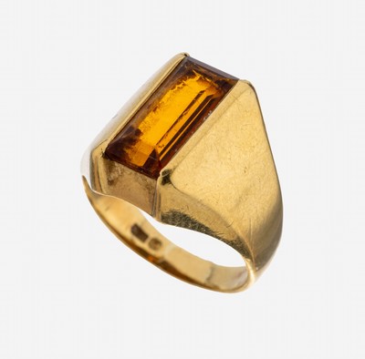 Image 18 kt gold citrine-ring , YG 750/000, longish citrine, facets worn, ringsize 48, approx. ...