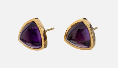 Image Pair of 18 kt gold amethyst-earrings , YG 750/000 tested, triangular high amethysts, ...