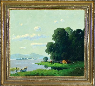27123914k - Josef Mühlbeck, 1878 Simbach-1948 München, Am Chiemsee, Öl/Hartfaser, rechts unten ...