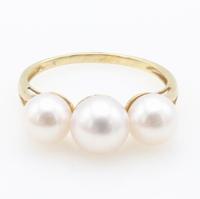 Image Ring mit Akoyazuchtperlen, GG 585/000, 3 Perlen v. l. roséfarb. Lüster, D. ca. 6.5-8 ...