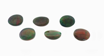 27123956a - 6 lose Schwarzopale, 20.71 ct, ovale Cabochonsin versch. Größen und Farbspielen, wohl ...