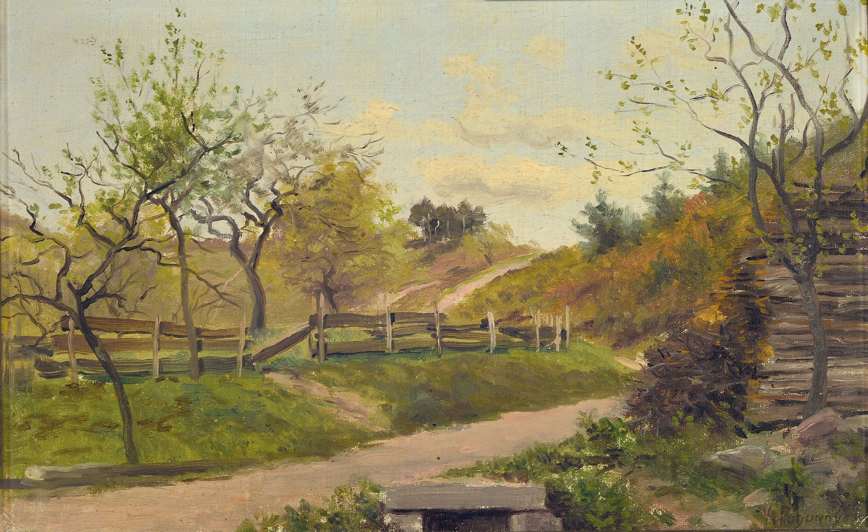Image 27124029 - Viktor Puhonny, 1838 Prag-1909 Baden-Baden, Landschaft mit Weg und Weidezaun, ...
