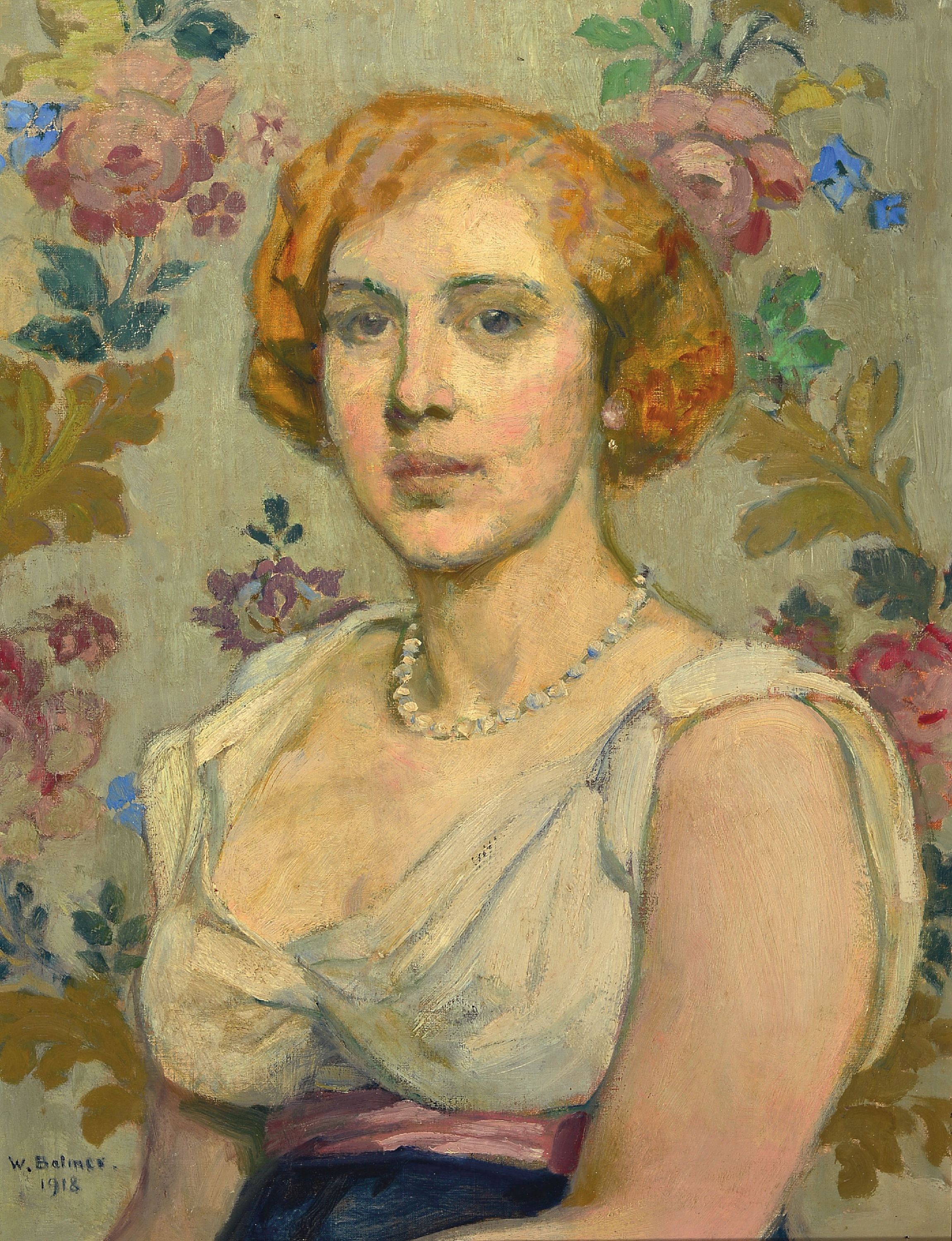 Image 27124069 - Wilhelm Balmer, 1865 Basel-1922 Bollinen, portrait of a woman in front of floral ...