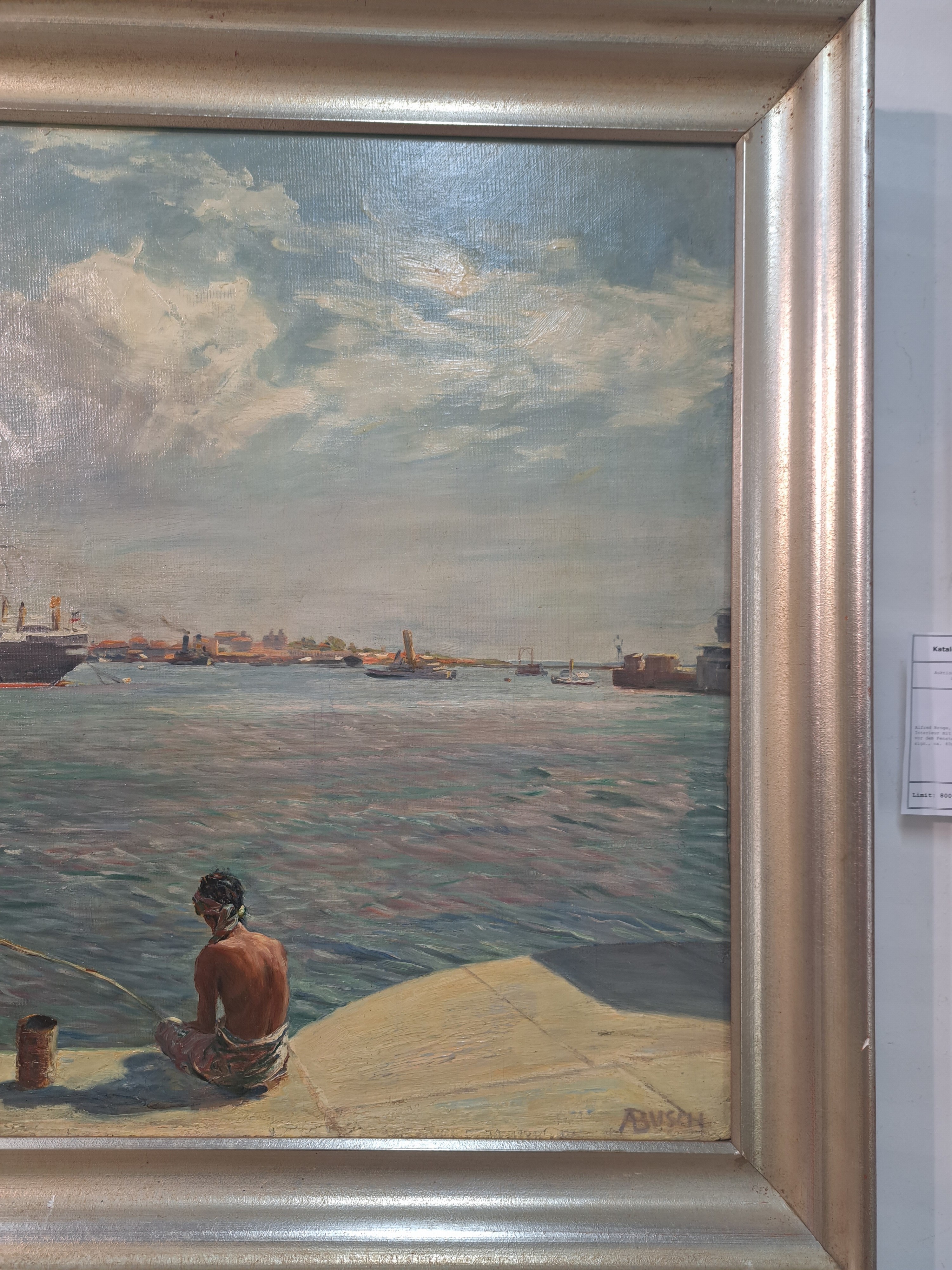 Detail c: Arnold Busch, 1876 Grünenplan-1951 Cismar, Der Kreuzfahrtdampfer Columbus in einem asiatischen Hafen, im Vordergrund Jungen am Kai, Öl/Lwd/Holz, ...