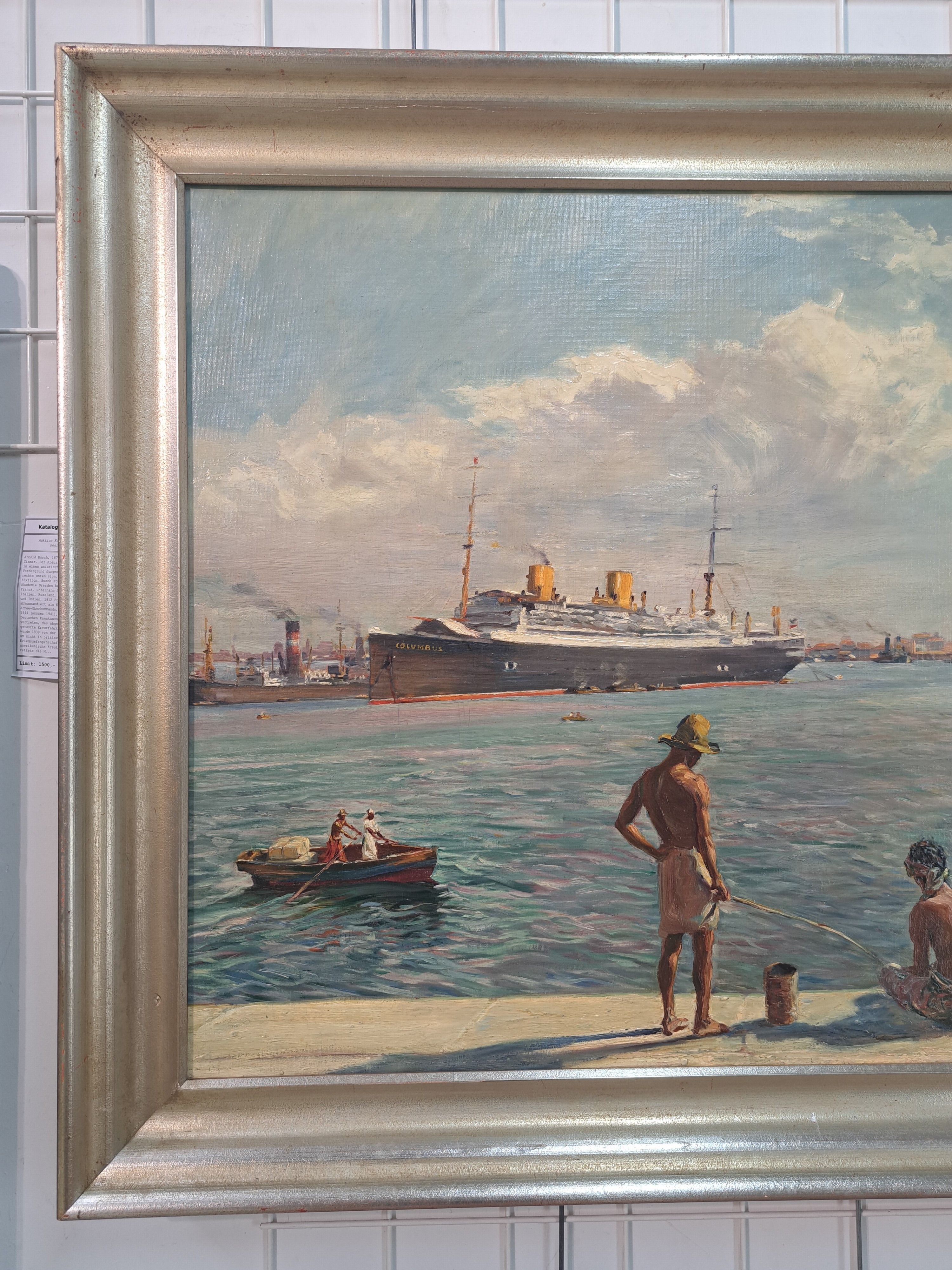 Detail e: Arnold Busch, 1876 Grünenplan-1951 Cismar, Der Kreuzfahrtdampfer Columbus in einem asiatischen Hafen, im Vordergrund Jungen am Kai, Öl/Lwd/Holz, ...