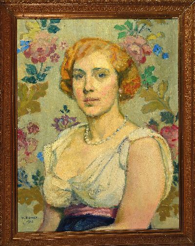 27124069k - Wilhelm Balmer, 1865 Basel-1922 Bollinen, portrait of a woman in front of floral ...