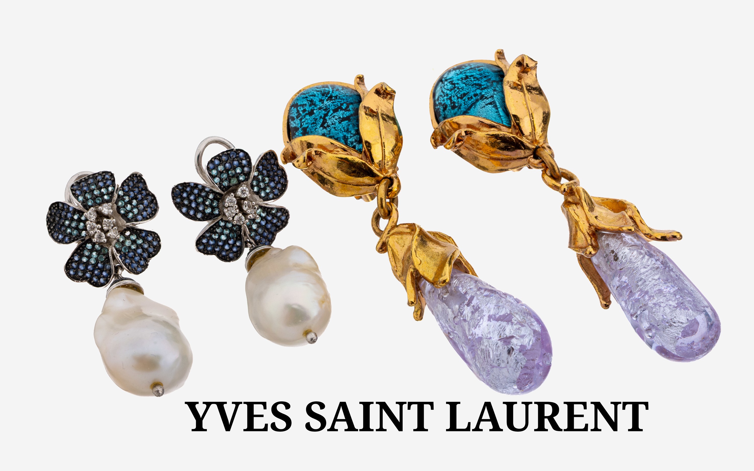 Image 27124283 - Pair of YVES SAINT LAURENT ear clips , metalgilt, organic floral design, blue synthetic ...