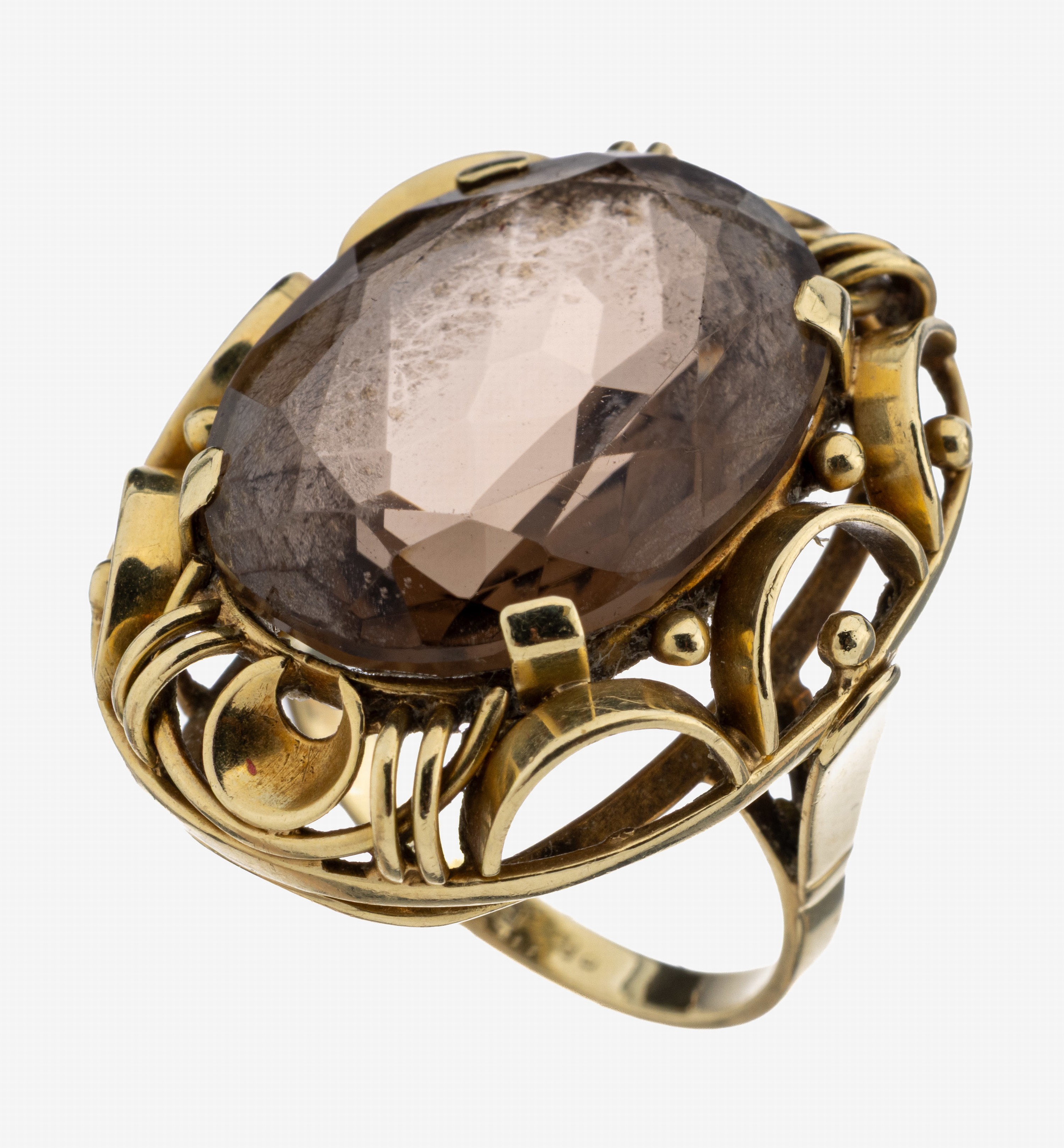 Image 27124304 - 14 kt Gold Rauchquarz-Ring, 1950er Jahre, GG 585/000, ovalfacett. Rauchquarz, ...