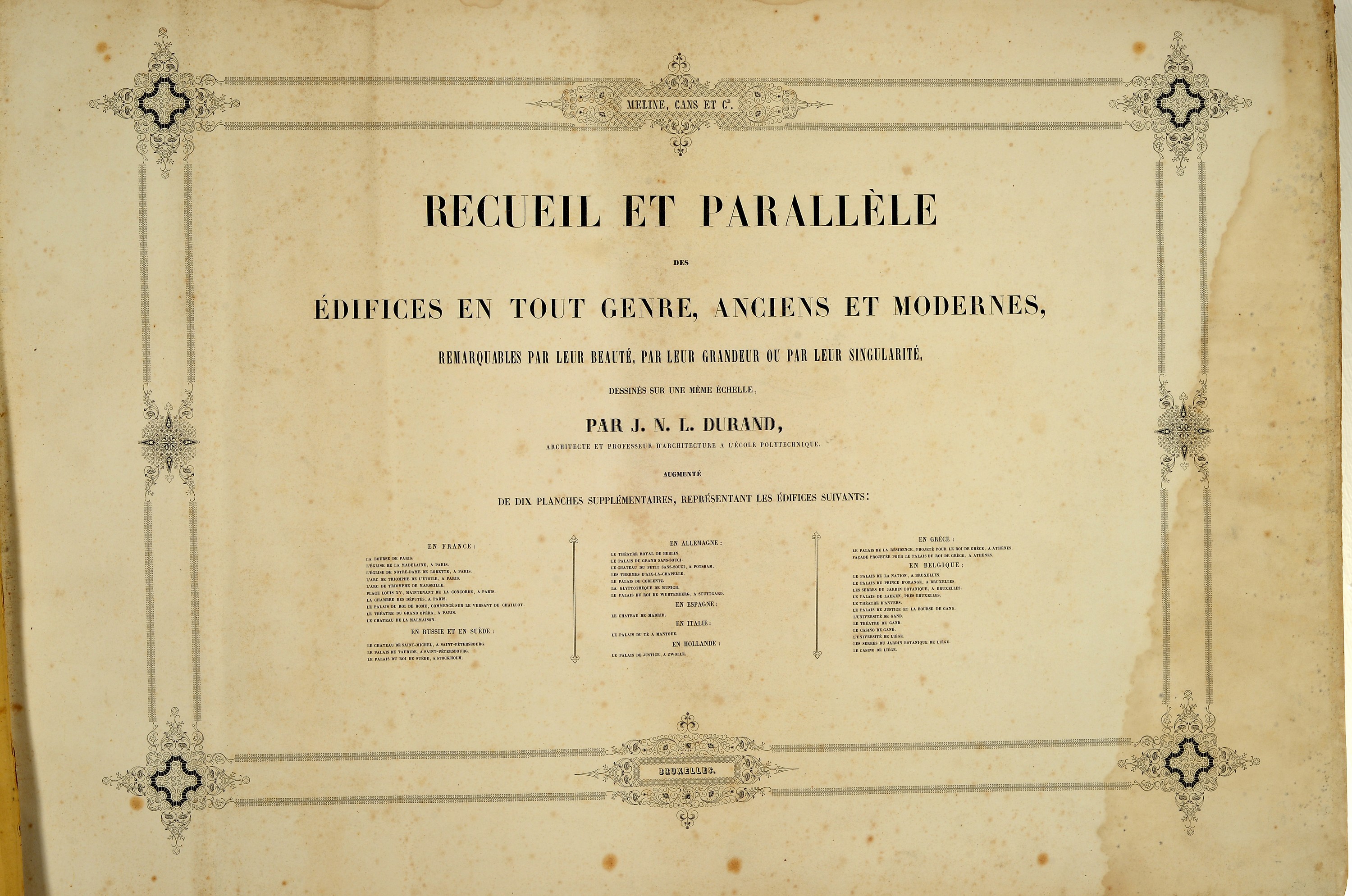 Detail a: Jean Nicolas Louis Durand (1760-1834): Recueil et parallele des edifices de tout genre, Brüssel, Meline, Cans et Cie 1840, gr.2°, 100 folios mit ...