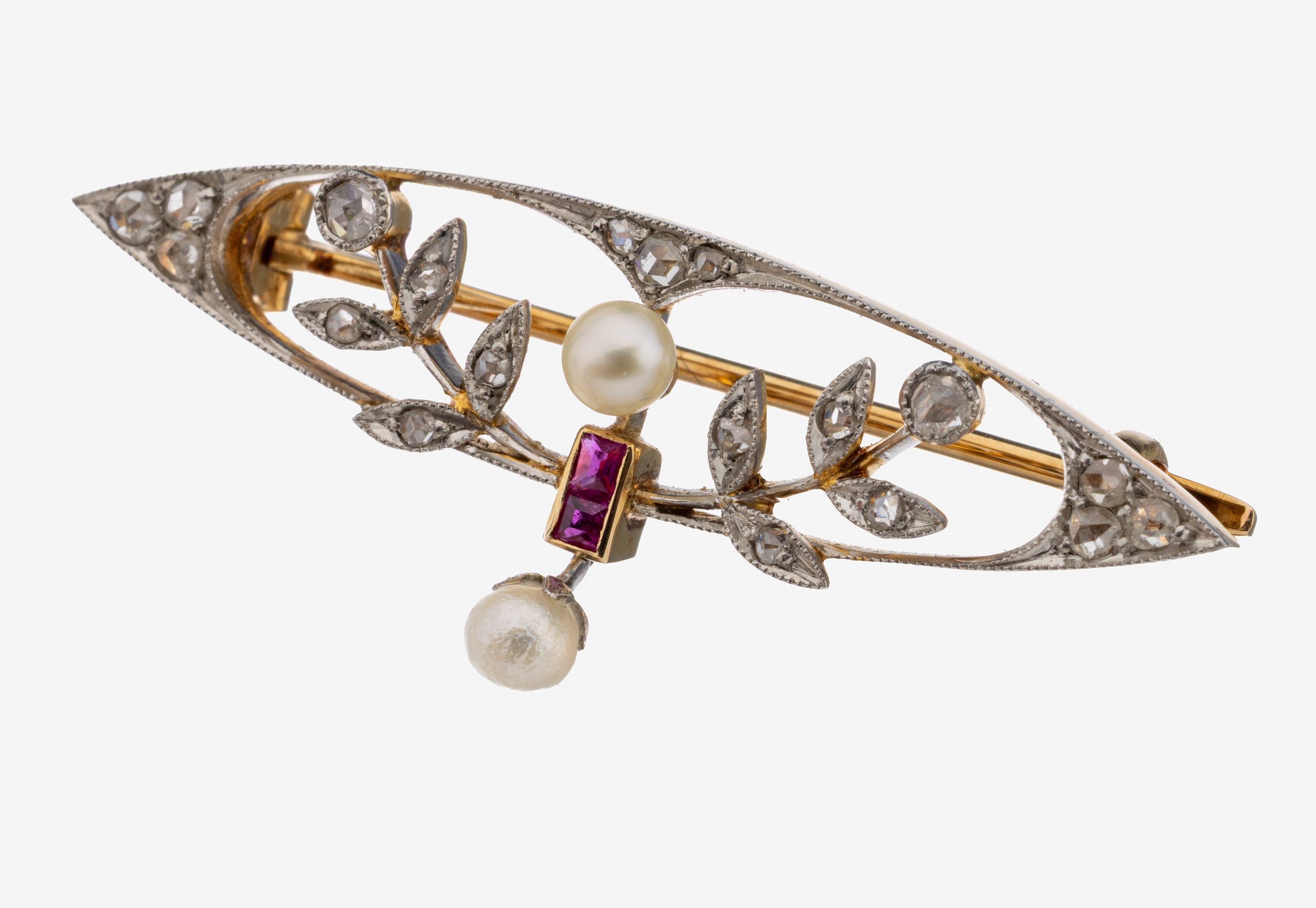 Image 27124368 - 14 kt Gold Diamant-Rubin-Brosche, um 1910, GG 585/000, feine qualitätvolle ...