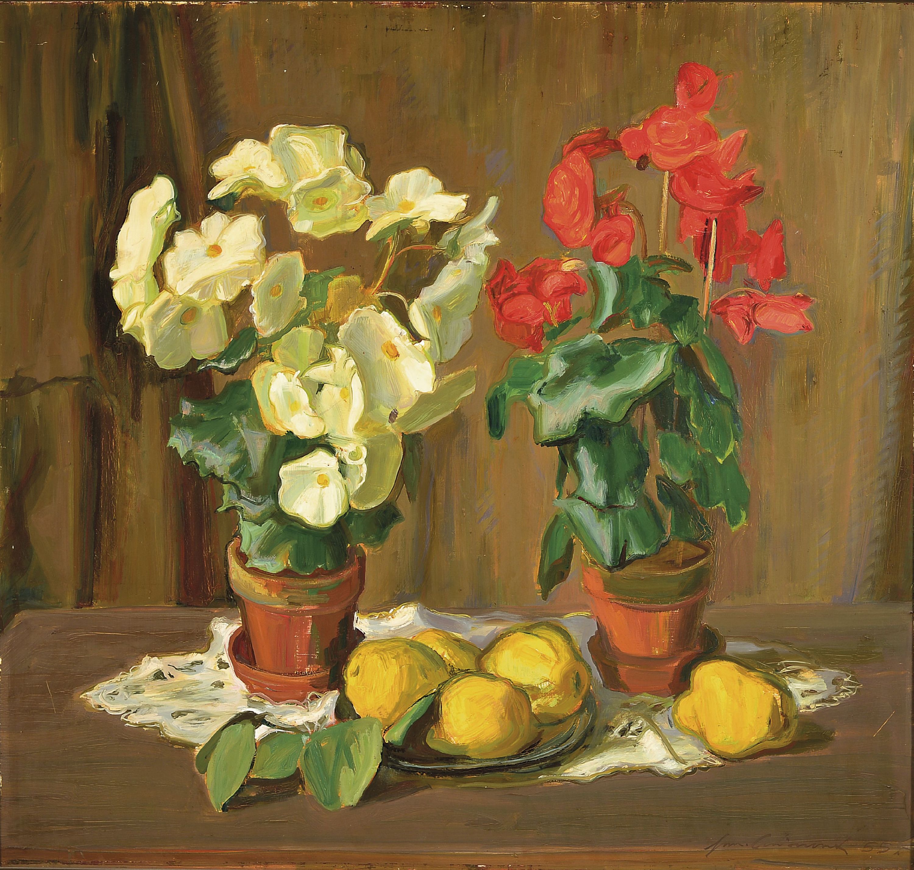 Image 27124401 - Hermann Croissant, 1897 - 1963 Landau, Blumenstillleben mit Quitten, Öl/Hartfaser, re. ...
