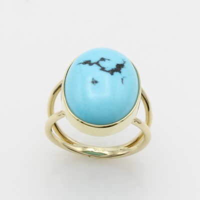 27124456a - Ring mit Türkis, GG 585/000, ovaler Türkis m. Matrix ca. 15.6 ct, 2-rhg. Schiene, RW ...