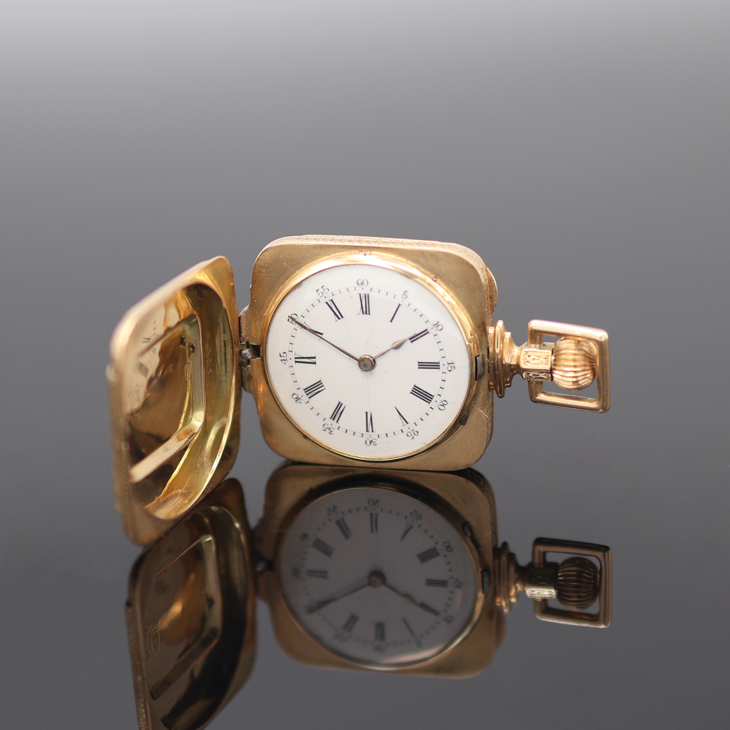 Image 27124539 - Square 14k pink gold pendant/pocket watch, Switzerland around 1880, floral engraved 3 ...