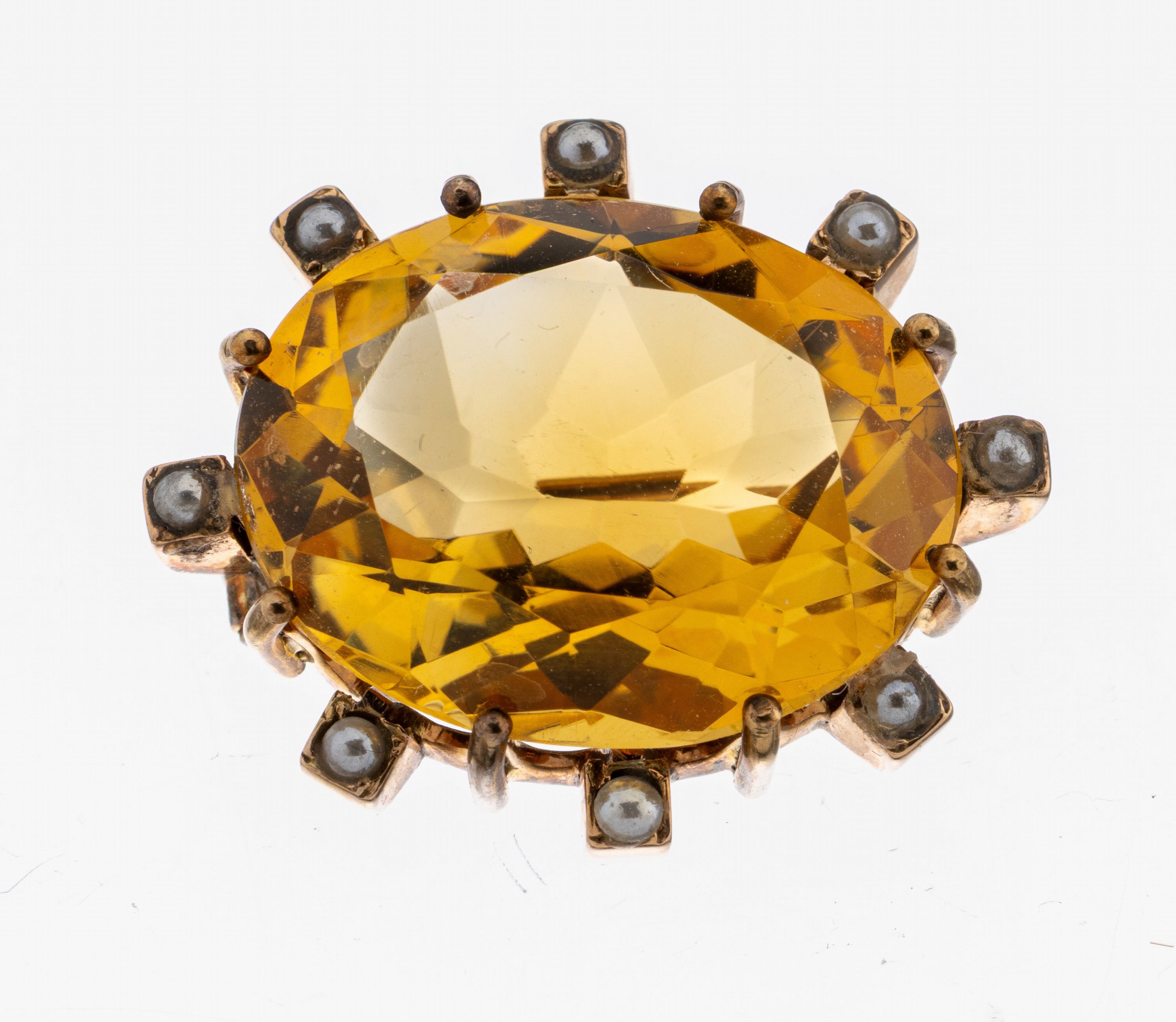 Image 27124547 - 14 kt Gold Citrin-Perl-Brosche, um 1900, RG585/000 gepr., ovalfacett. Citrin ca. 15.0 ...