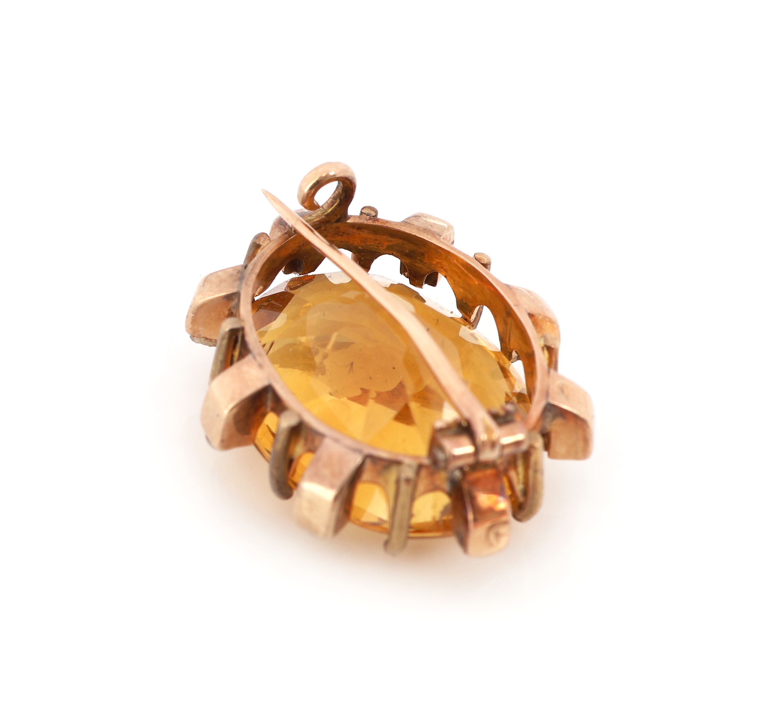 Detail b: 14 kt Gold Citrin-Perl-Brosche, um 1900, RG585/000 gepr., ovalfacett. Citrin ca. 15.0 ct, 8 kl. Flussperlen, ca. 7.4 g