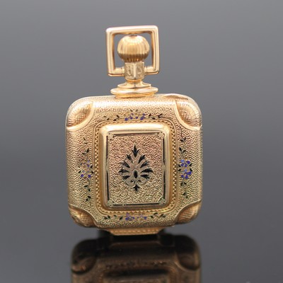 27124539b - Square 14k pink gold pendant/pocket watch, Switzerland around 1880, floral engraved 3 ...